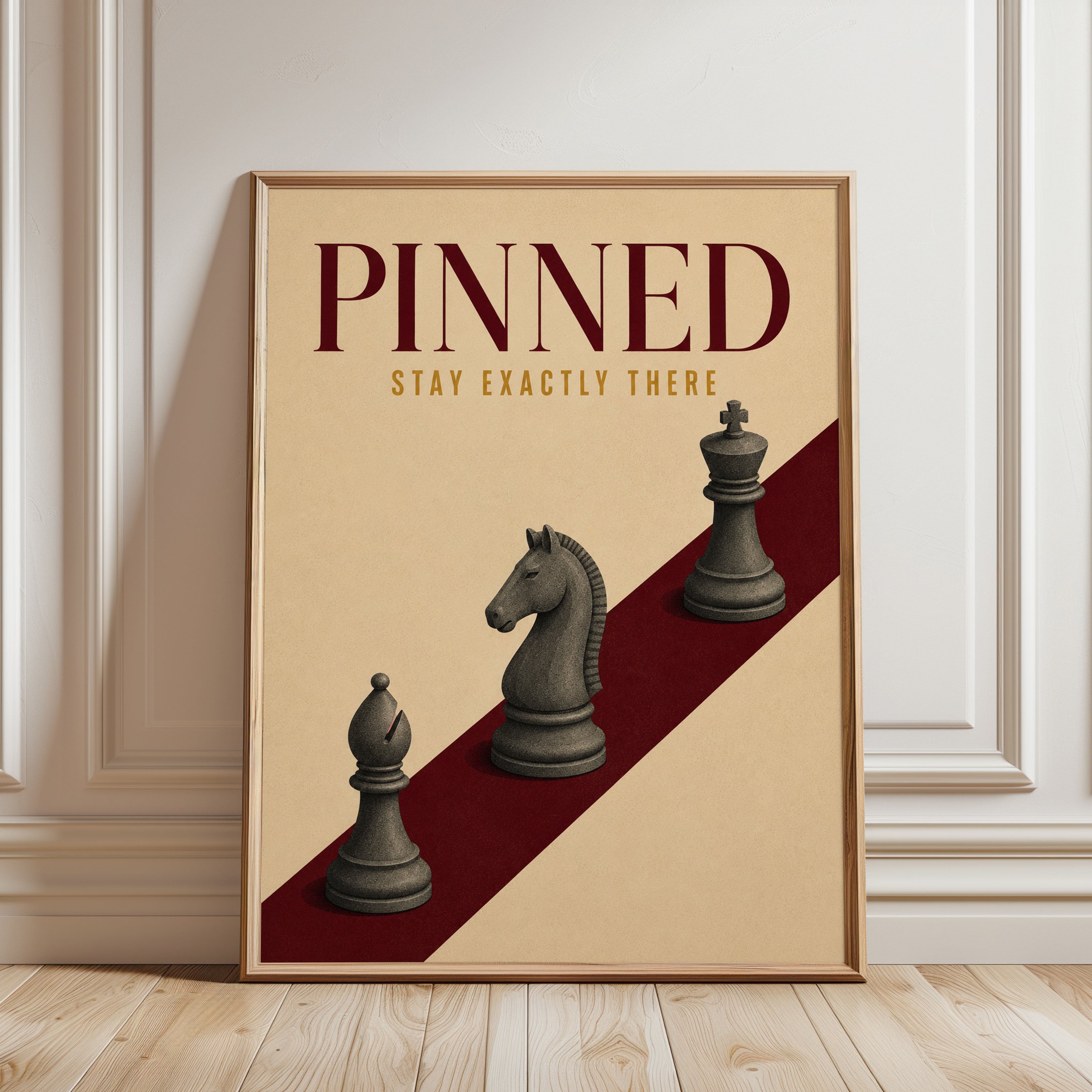 Chess Wall Art – Pinned King Knight Bishop Print - framed detail