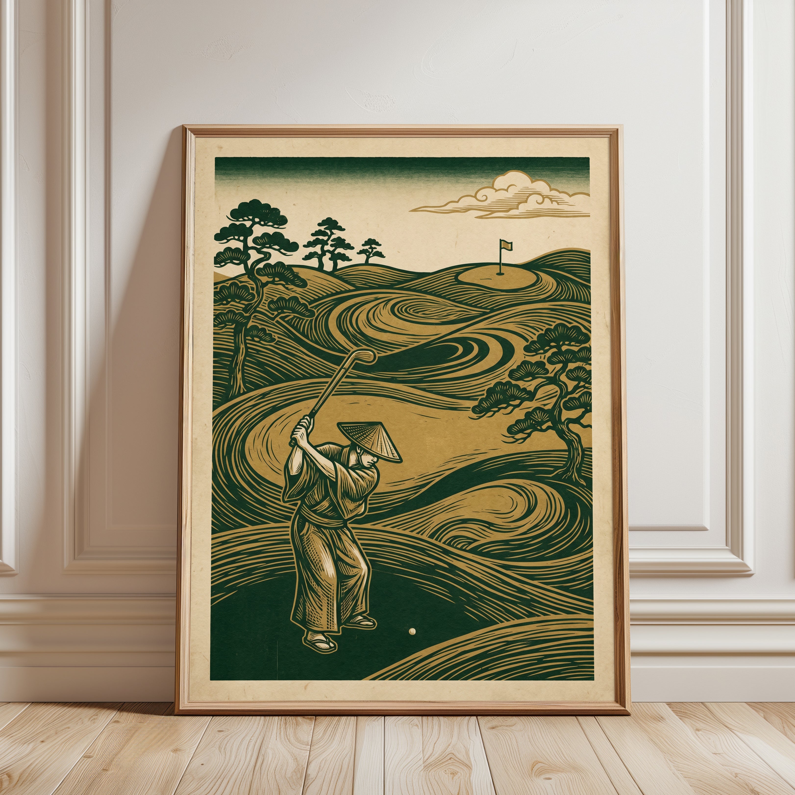 Vintage Japanese Golf Print: Mid-Century Woodblock Art - framed detail