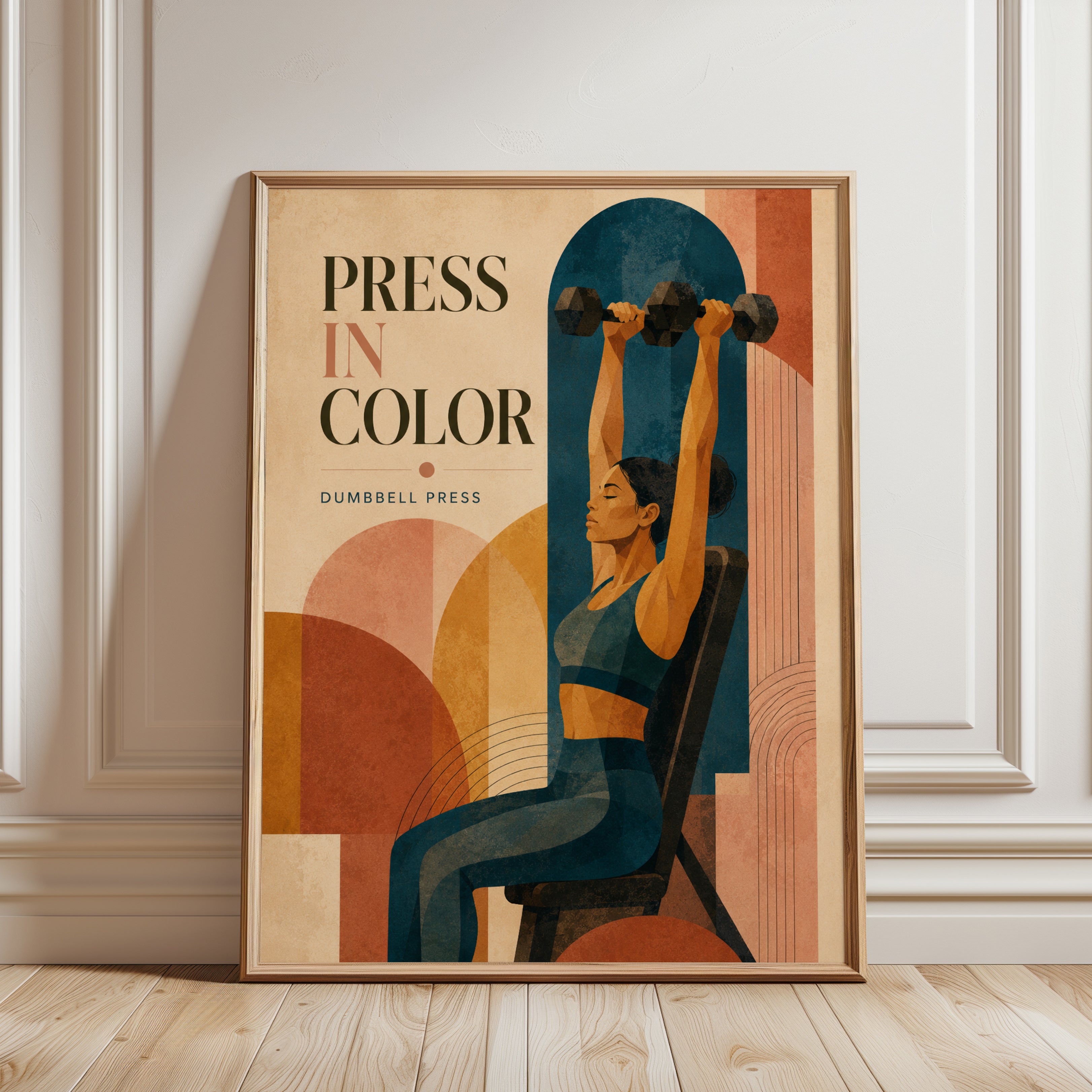 Dumbbell Press Fitness Poster: Art Deco Geometric Workout Print - framed detail