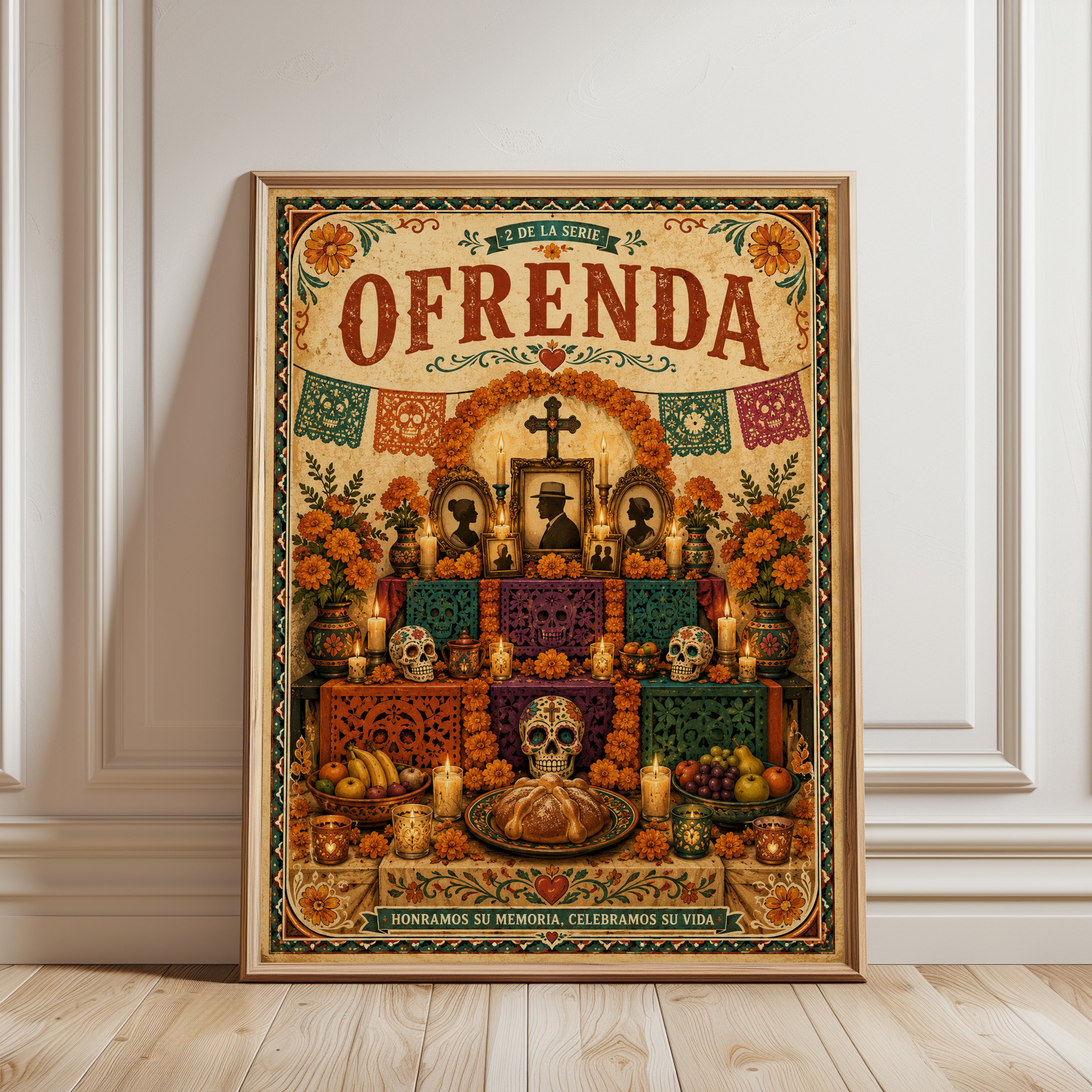 Dia de los Muertos Ofrenda Art Print: Mexican Folk Art Altar - framed detail