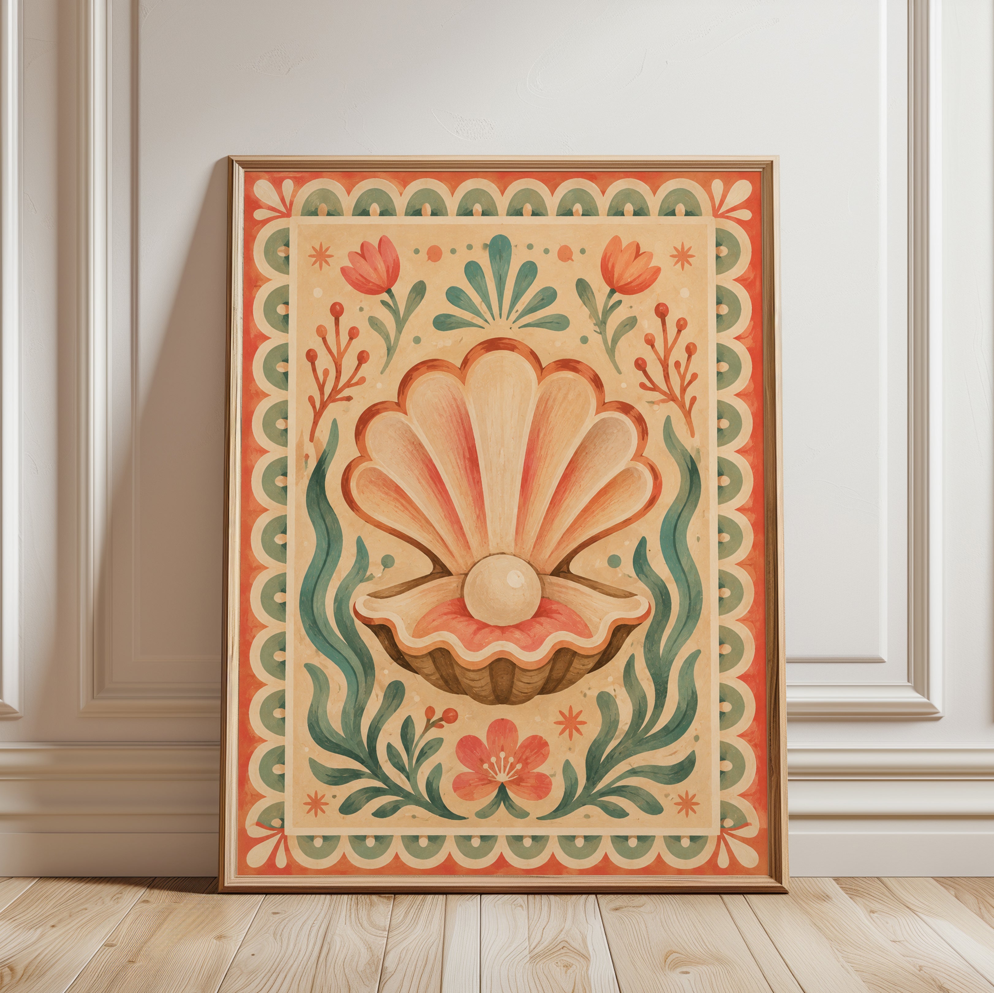Folk Art Shell Print – Vintage Botanical Wall Art - framed detail