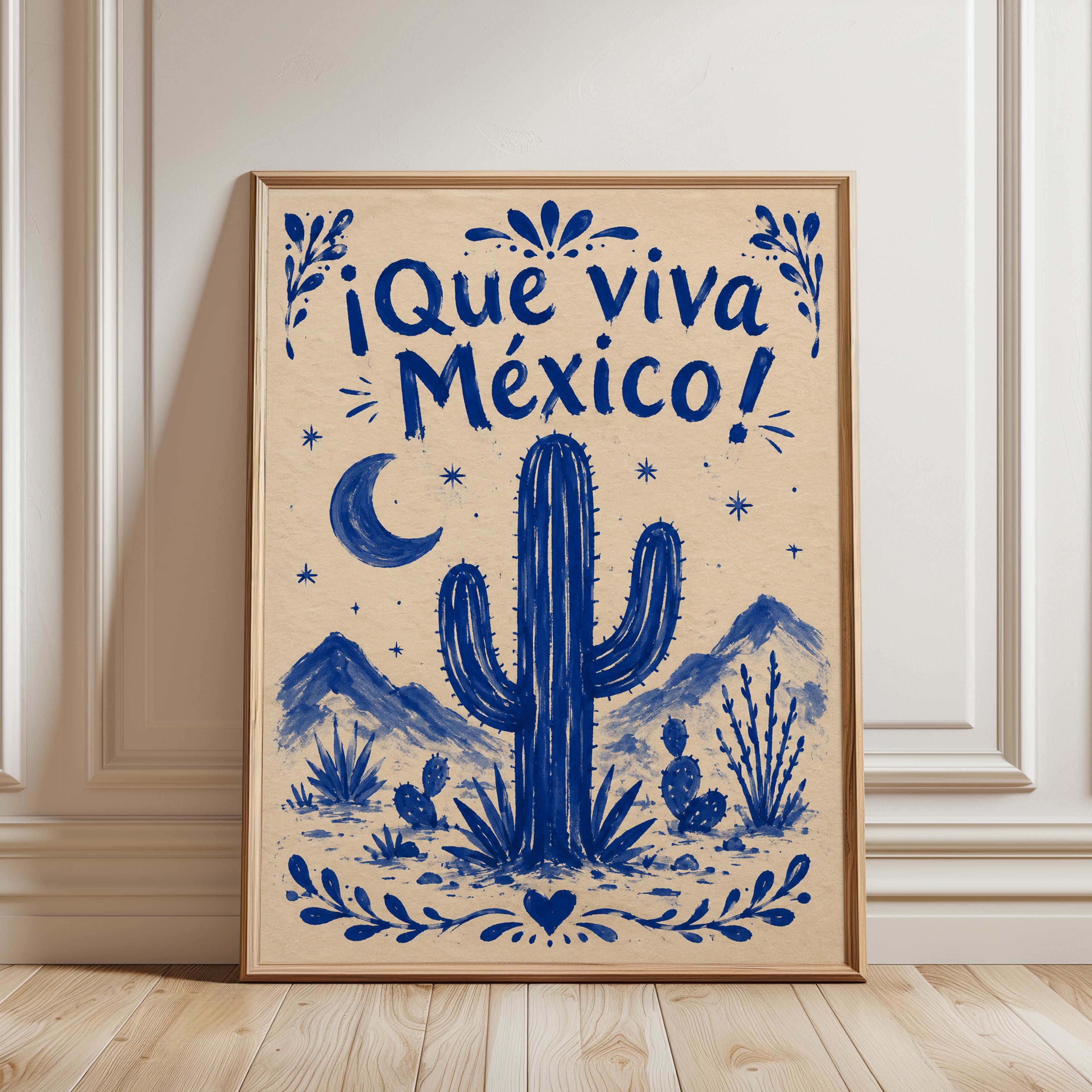 Que Viva Mexico Folk Art Print: Blue Desert Cactus Design - framed detail