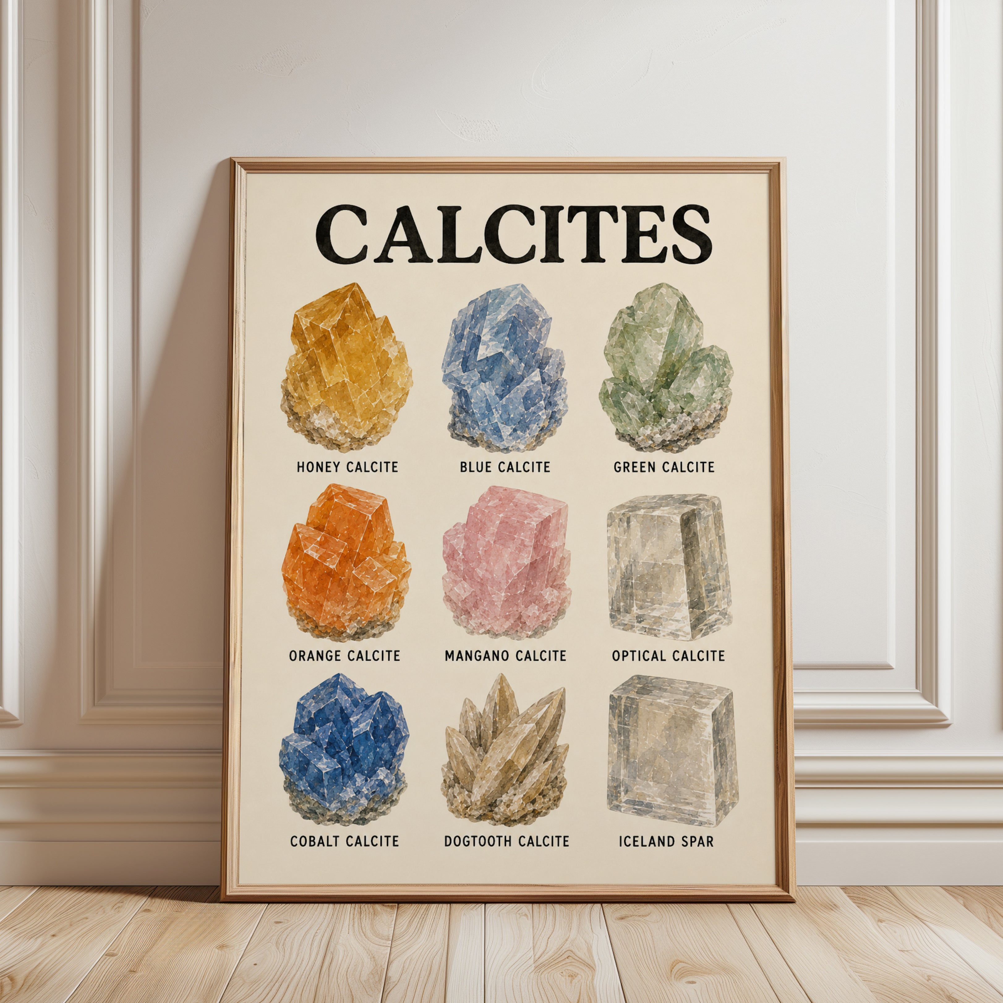 Calcites Educational Print — Watercolor Crystal Chart - framed detail