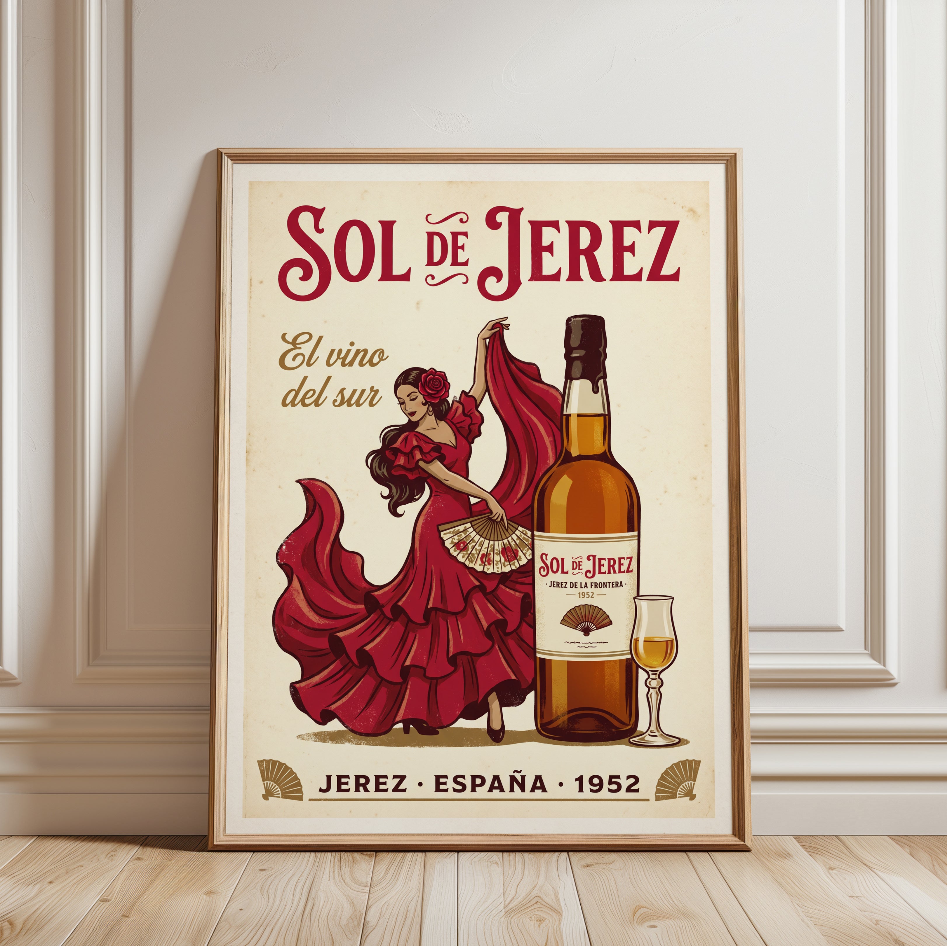 Spanish Flamenco Wall Art: Retro Sherry Wine Poster - framed detail