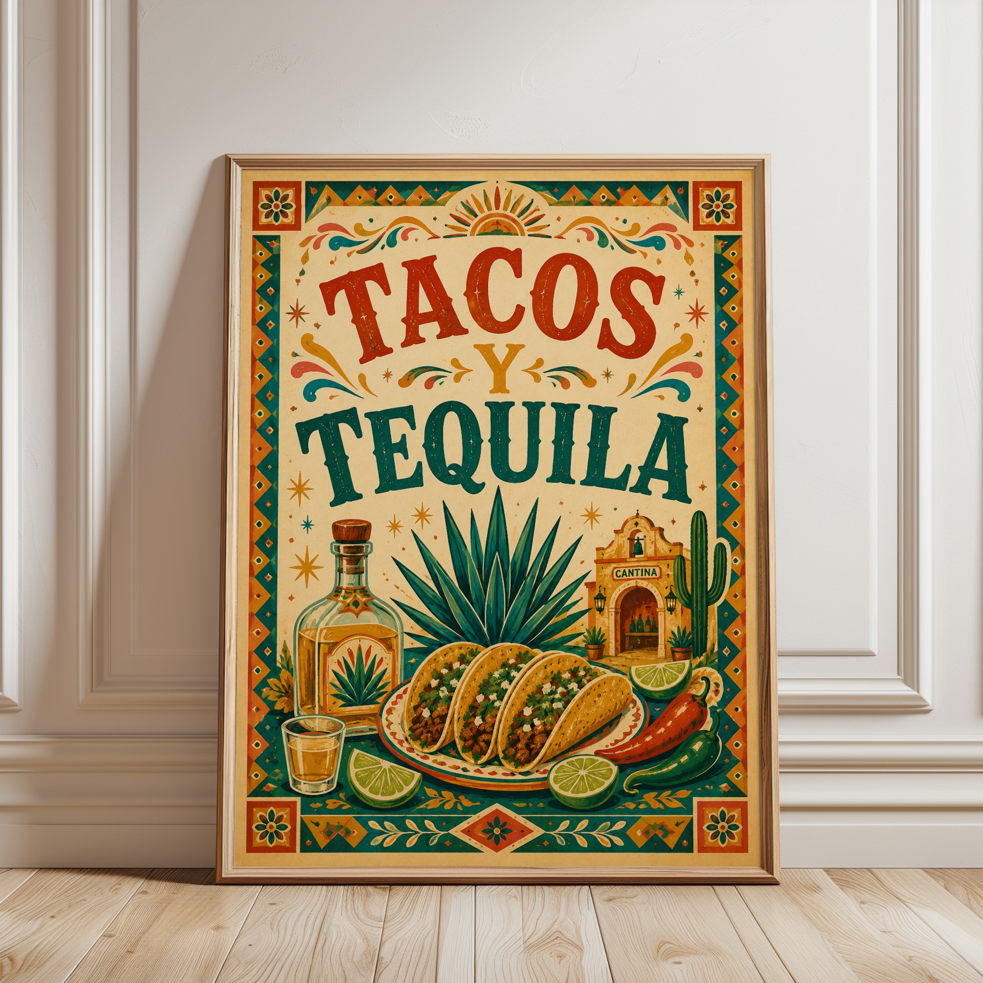 Tacos and Tequila Print: Colorful Mexican Cantina Wall Art - framed detail