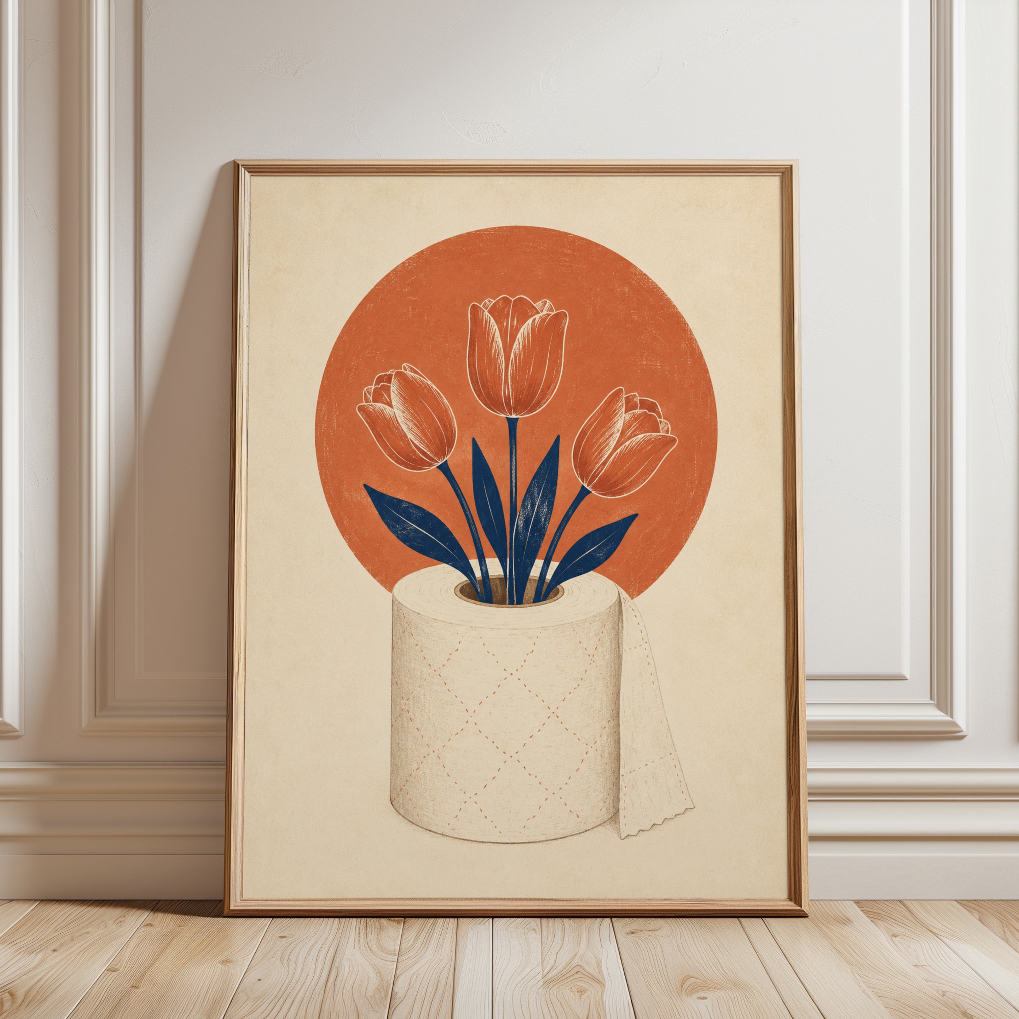 Tulip Toilet Paper Art Print: Retro Orange Circle Botanical - framed detail
