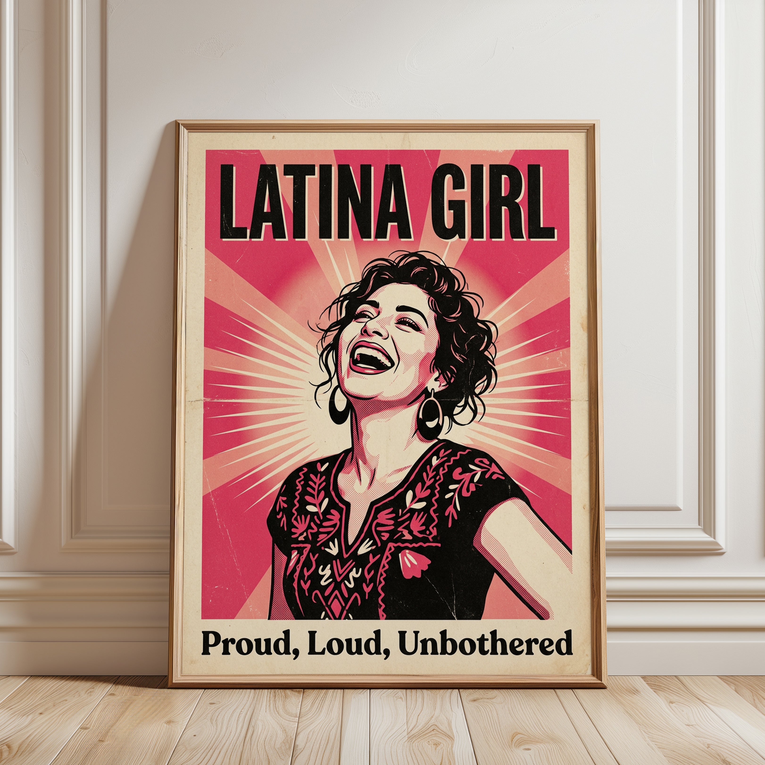 Latina Girl Retro Pop Art Poster: Vintage Pink Propaganda Style - framed detail