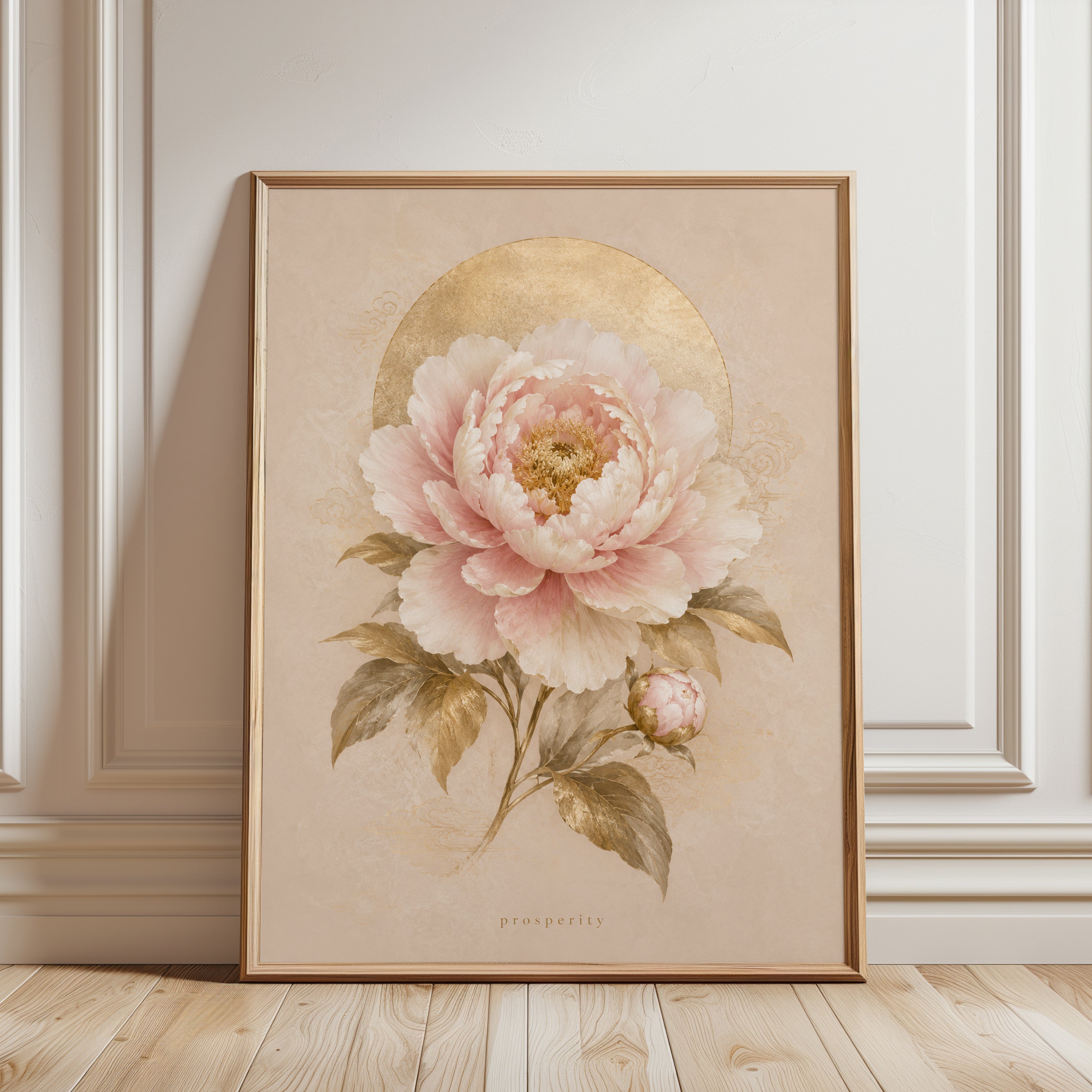Peony Wall Art – Gold Botanical Print - framed detail