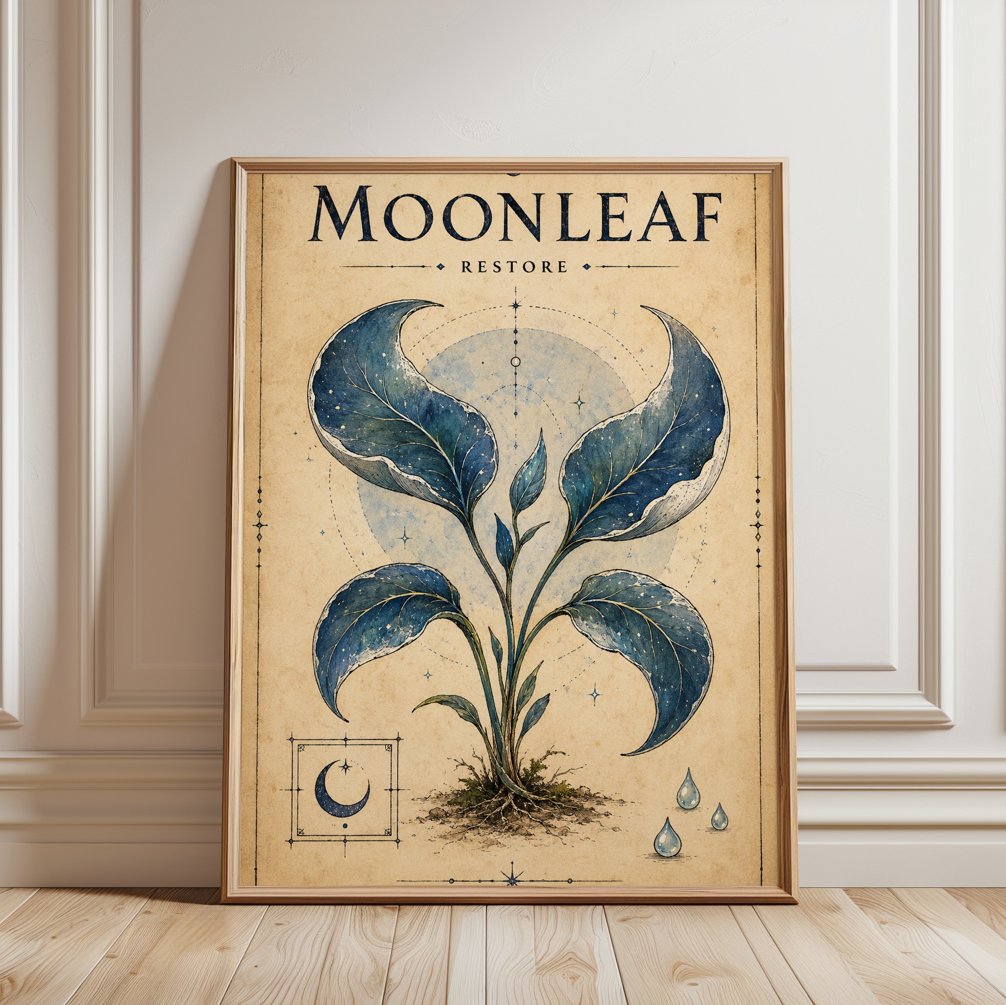 Botanical Moon Wall Art – Mystical Plant Print - framed detail