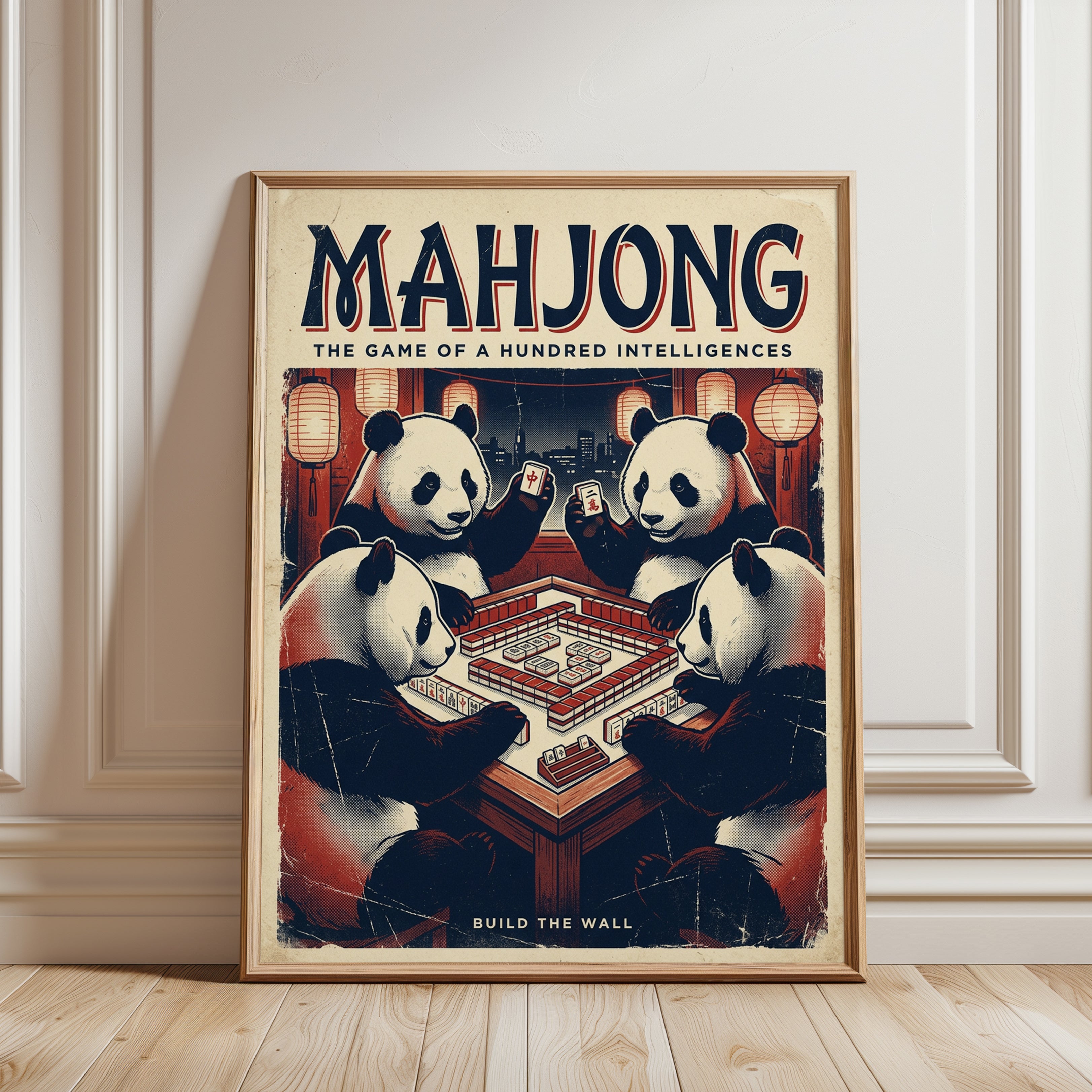 Mahjong Pandas Art Print: Vintage Chinese Game Poster - framed detail