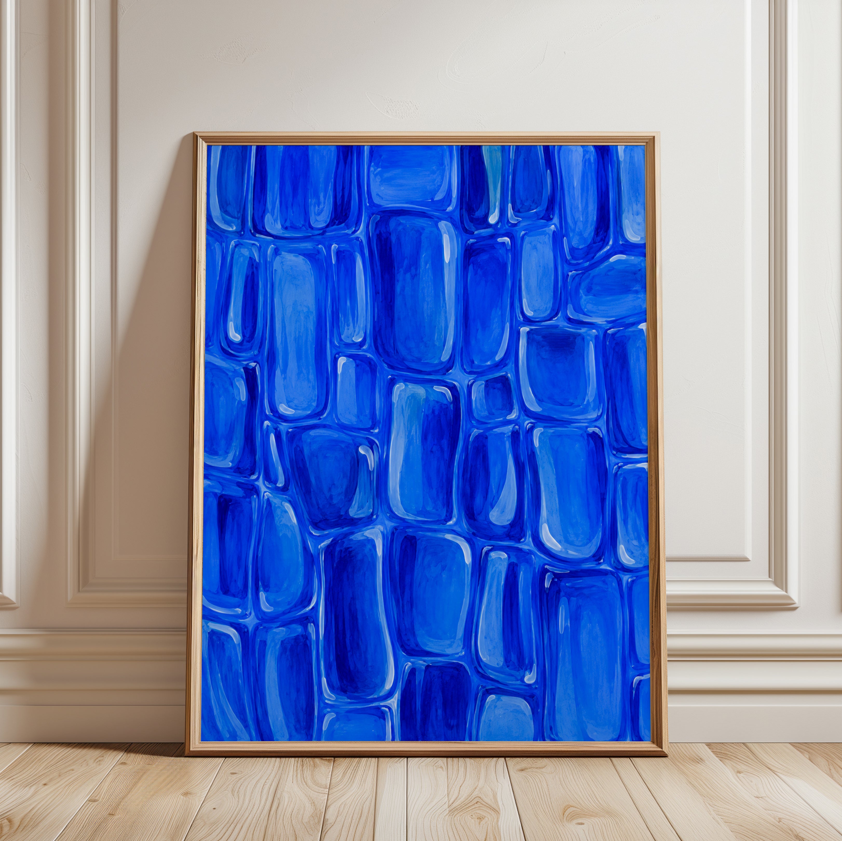 Blue Glass Mosaic Wall Art: Abstract Geometric Pattern Print - framed detail