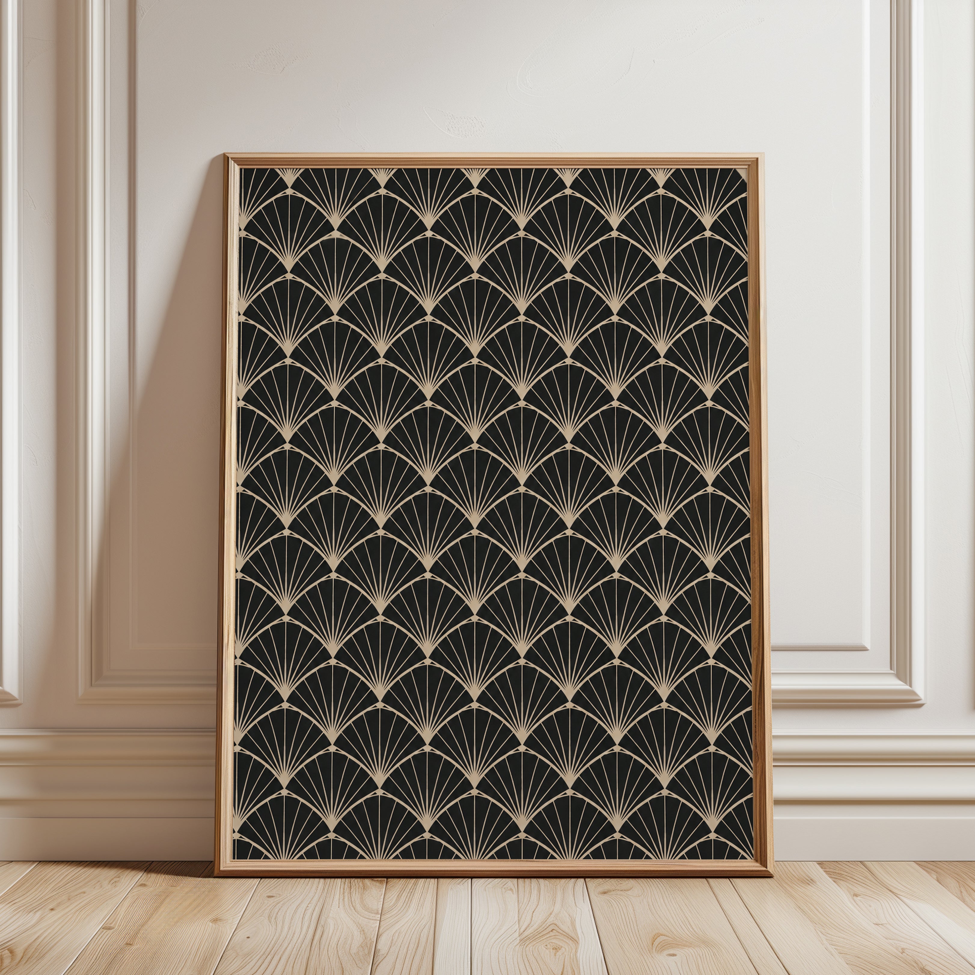 Fan Pattern Art Print: Gold and Black Geometric (Living Room Decor) - framed detail