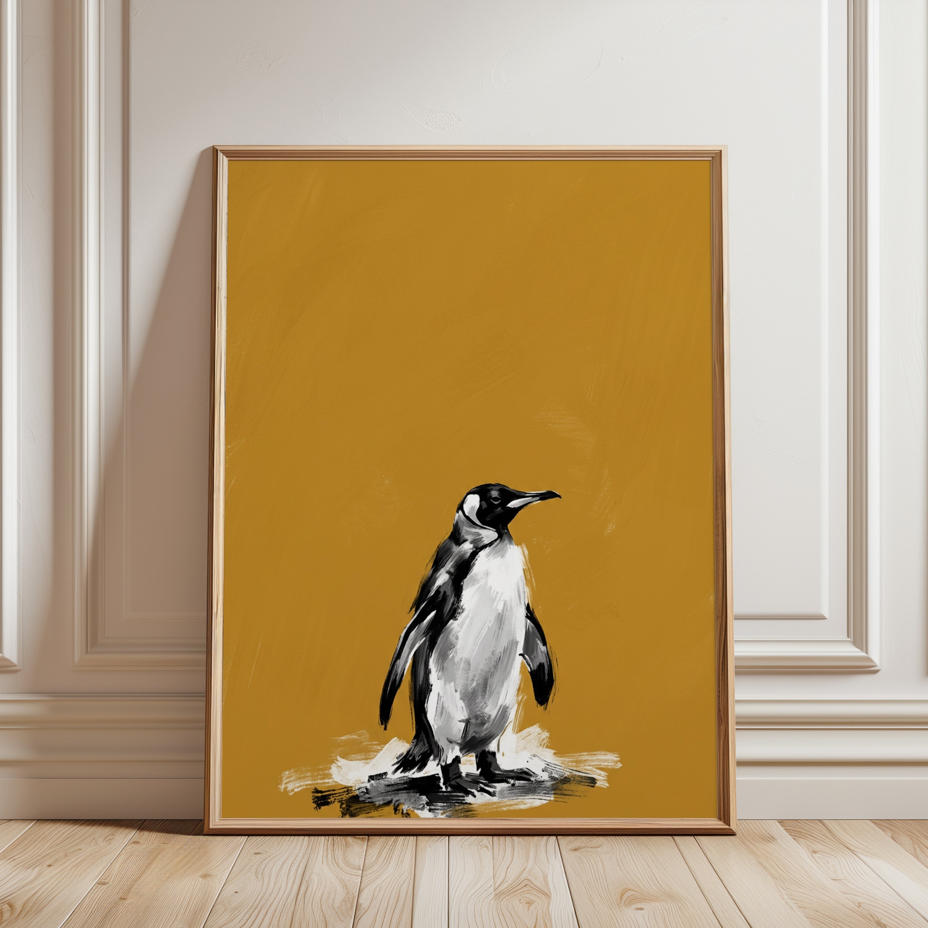 Penguin Art Print: Black and White on Mustard Yellow Background - framed detail