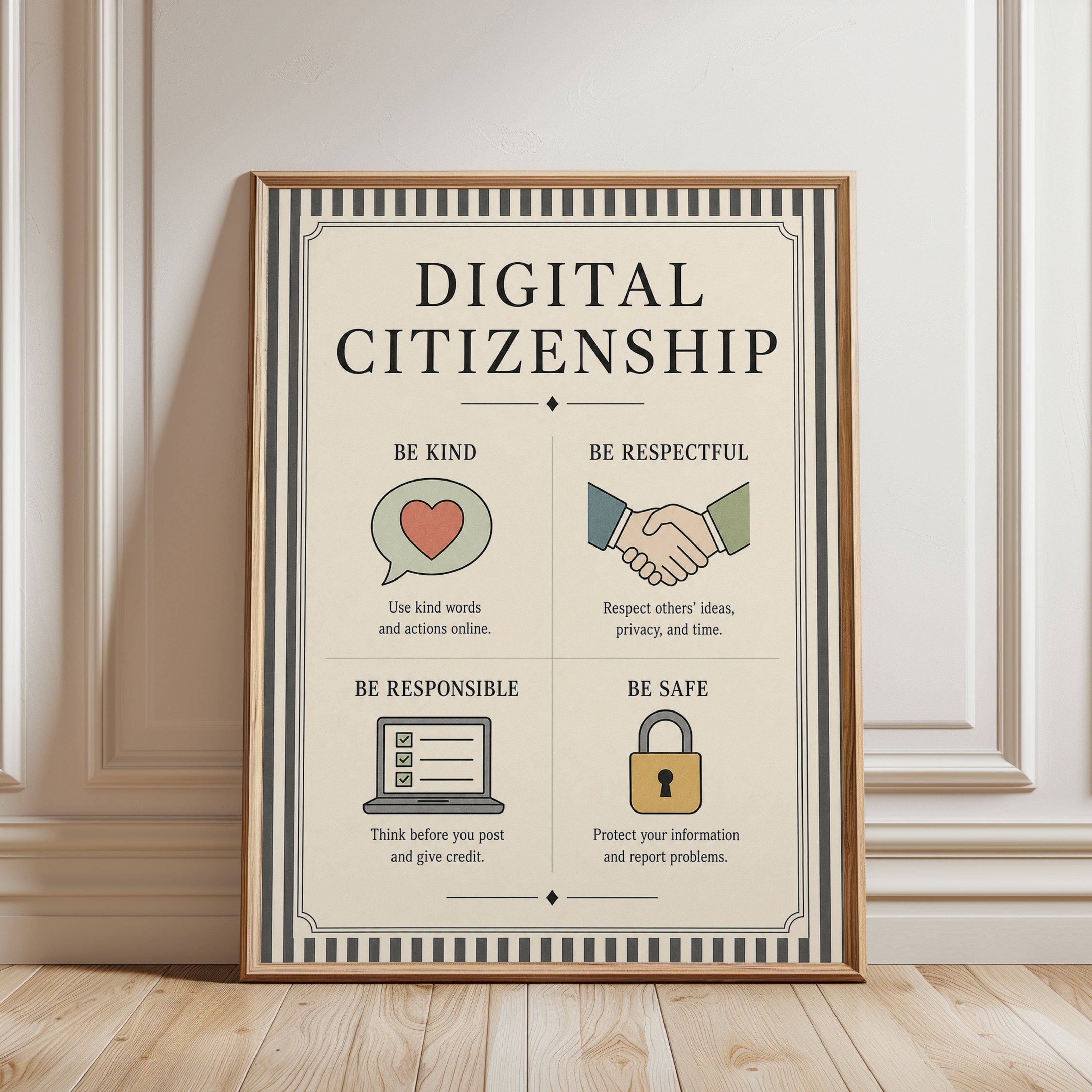 Digital Citizenship Poster: Vintage Educational Wall Art - framed detail