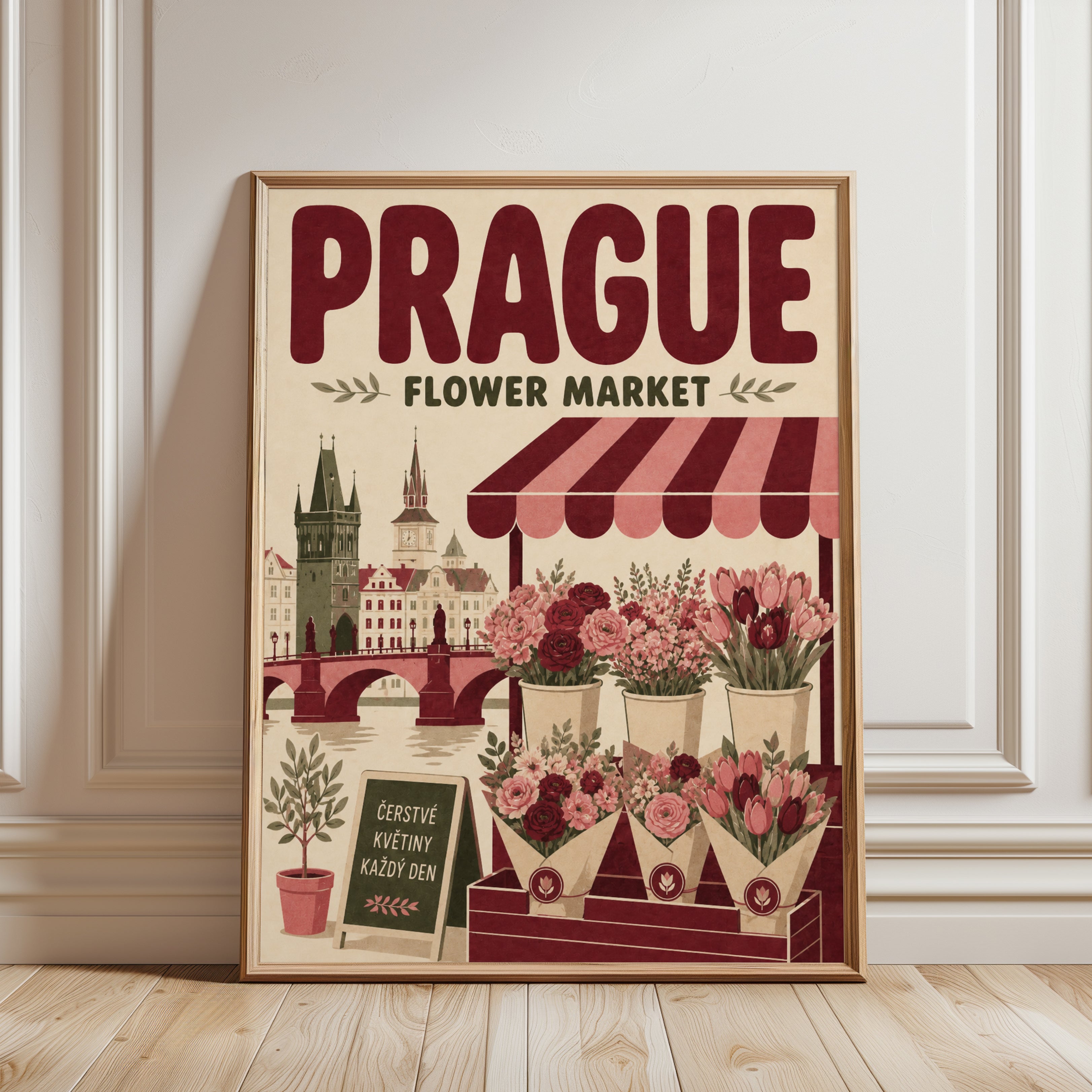 Vintage Travel Poster: Prague Flower Market - framed detail