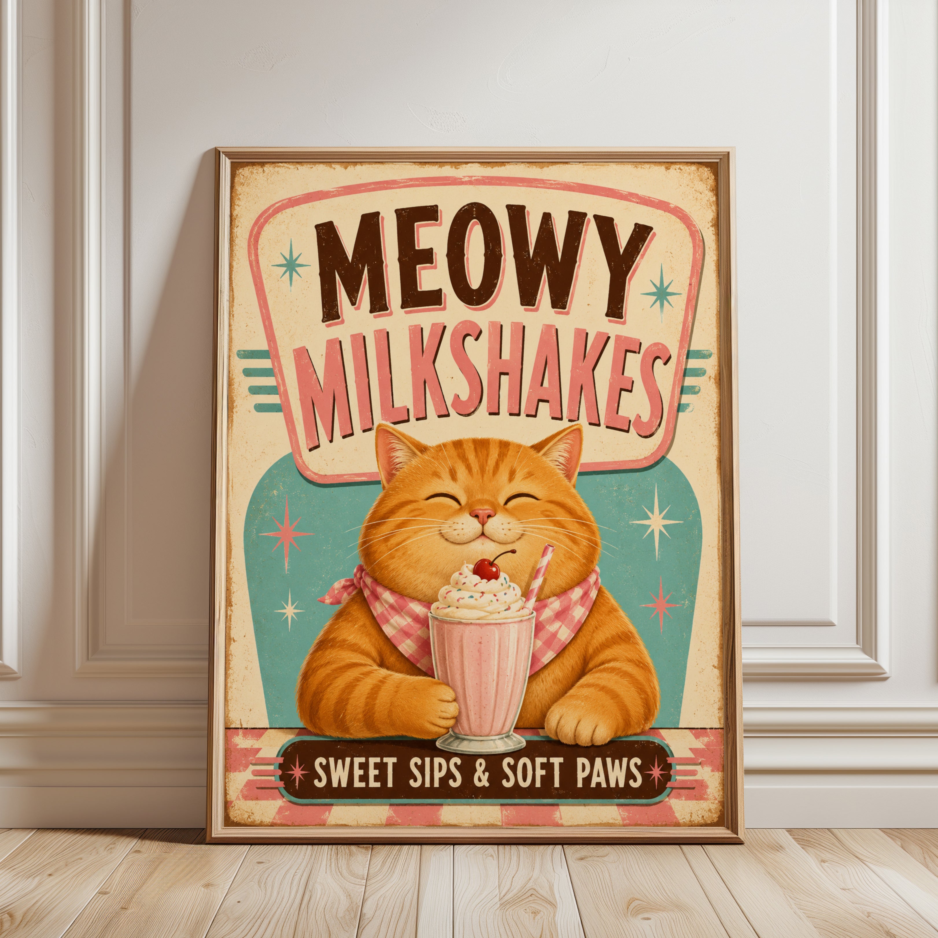 Cat Milkshake Poster – Retro Kitchen Wall Art - framed detail