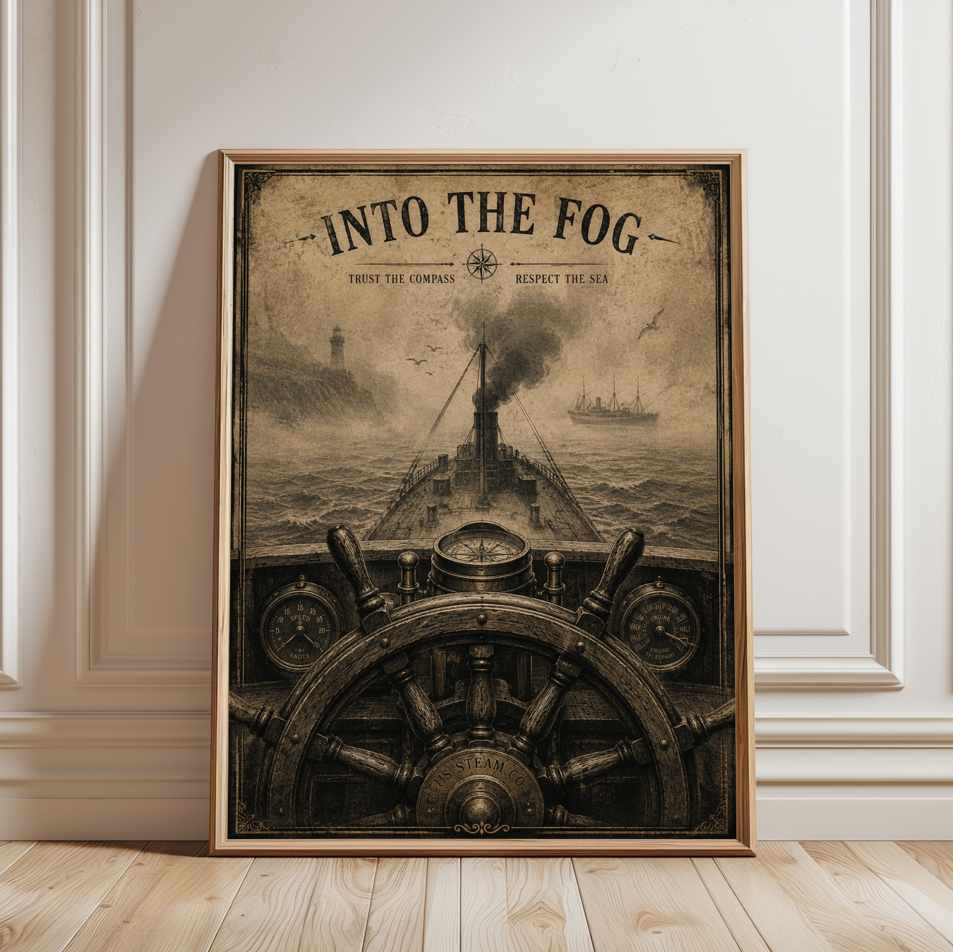 Into The Fog Nautical Print: Vintage Steamship Maritime Wall Art - framed detail