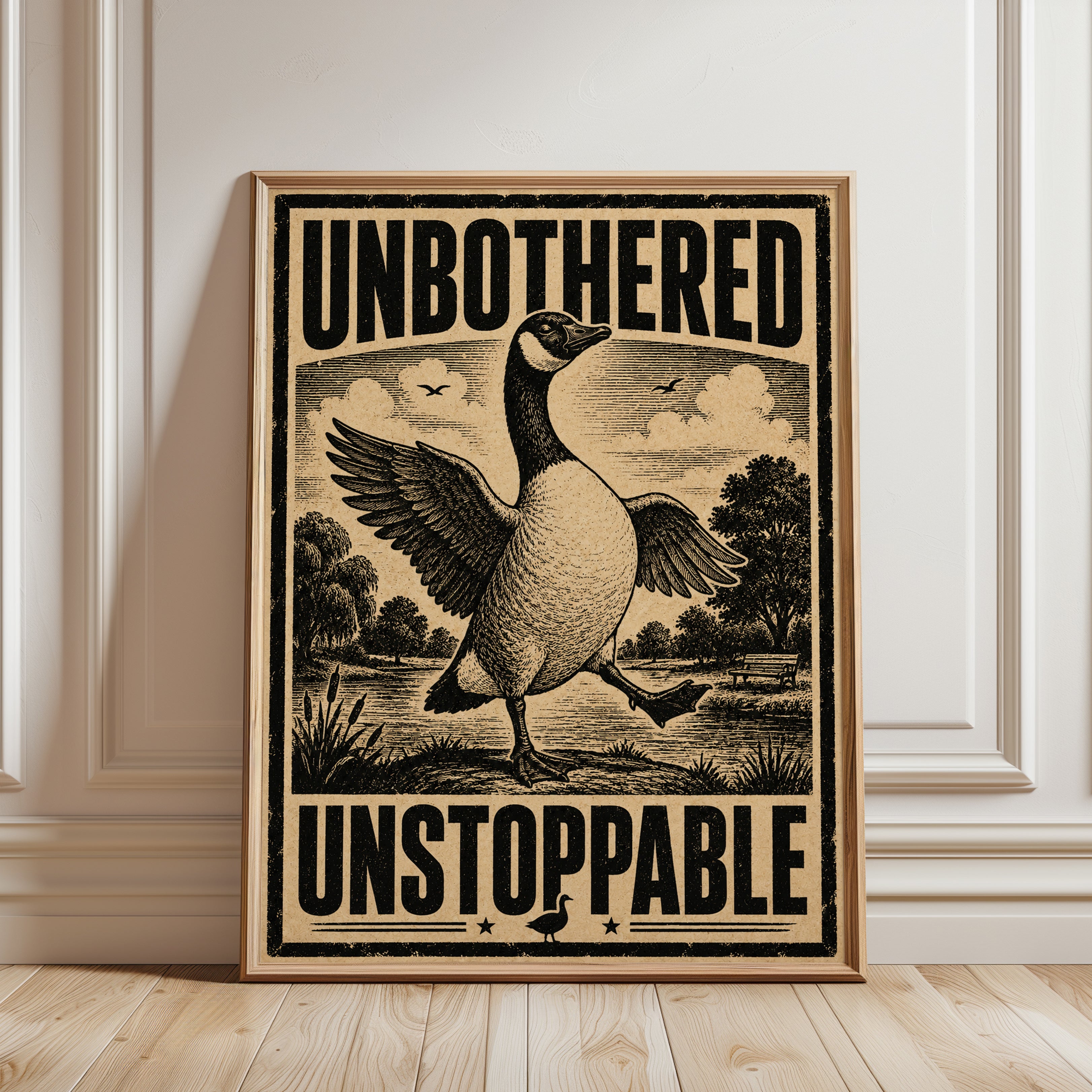 Unbothered Unstoppable Goose Print: Vintage Propaganda Poster - framed detail
