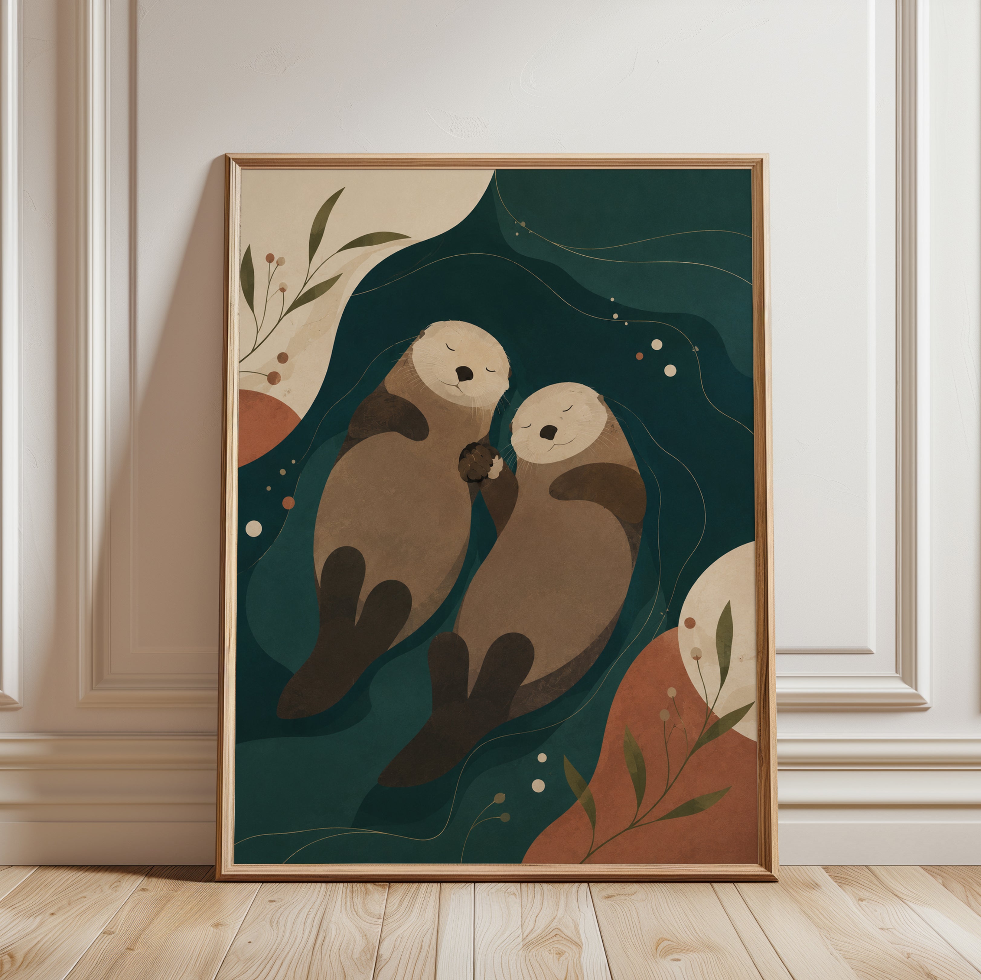 Sea Otters Holding Hands Art Print: Minimalist Teal and Beige - framed detail