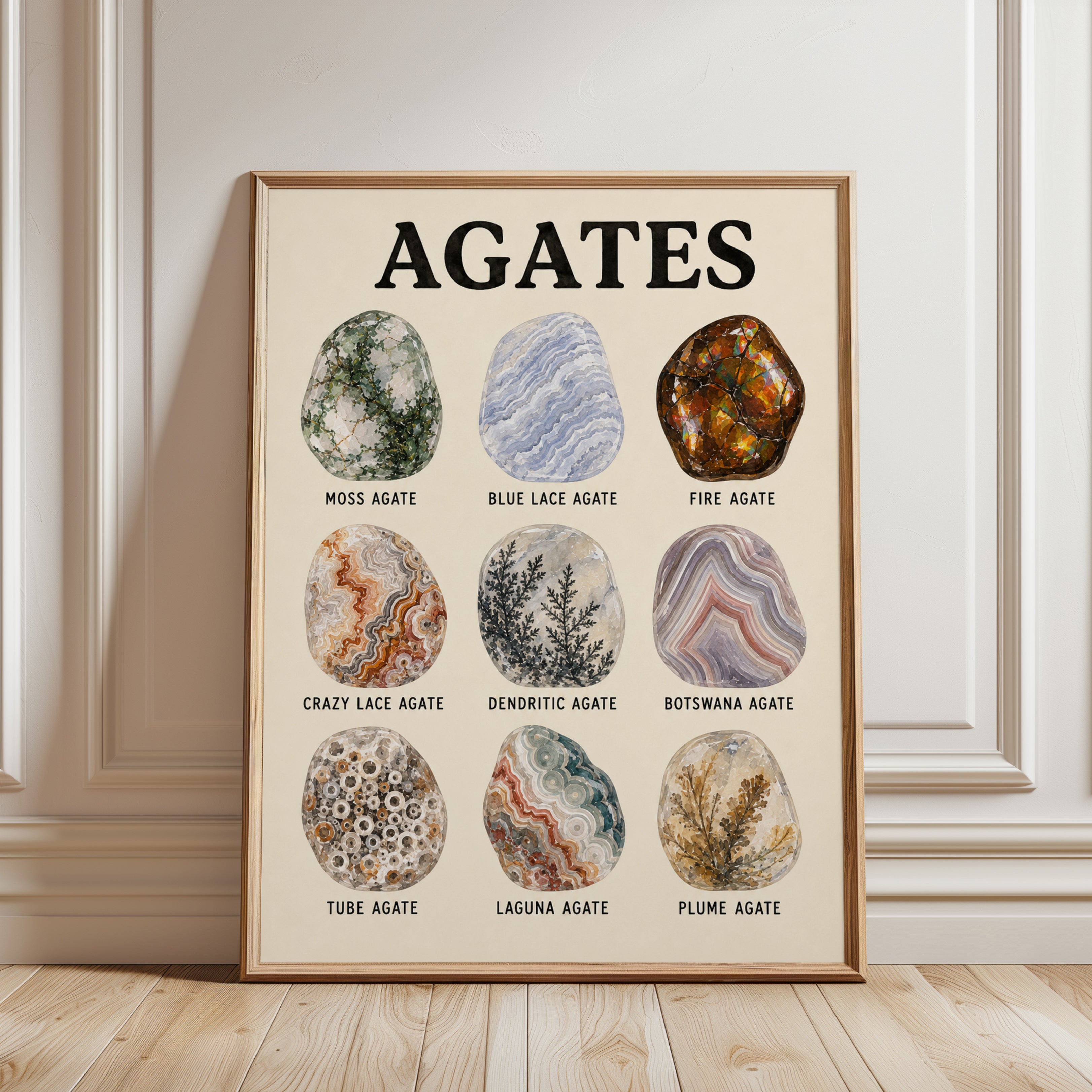 Agates Chart Art Print: Vintage Mineral Specimens Poster - framed detail