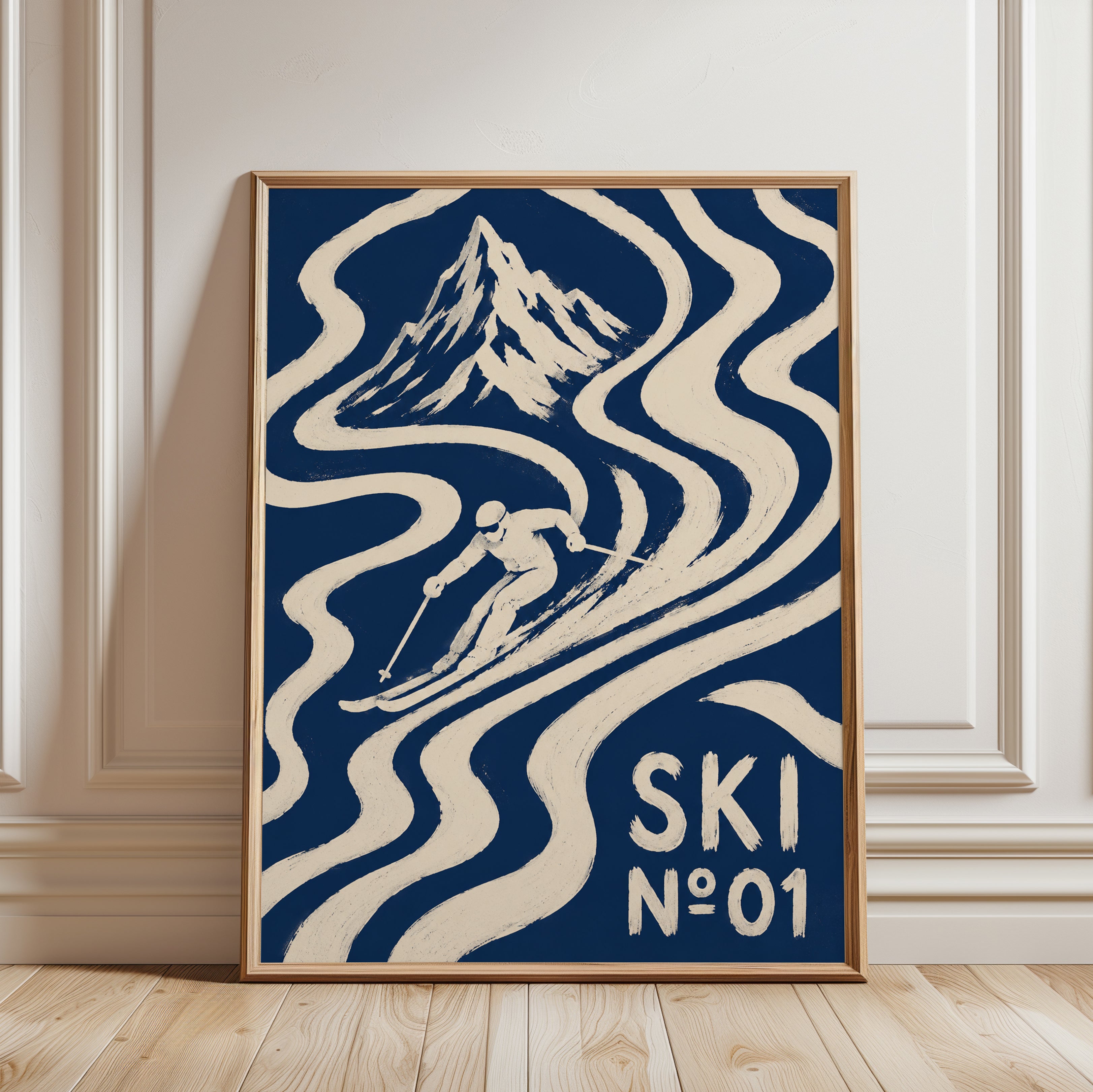 Vintage Ski Poster: Art Deco Mountain Design in Navy Blue - framed detail