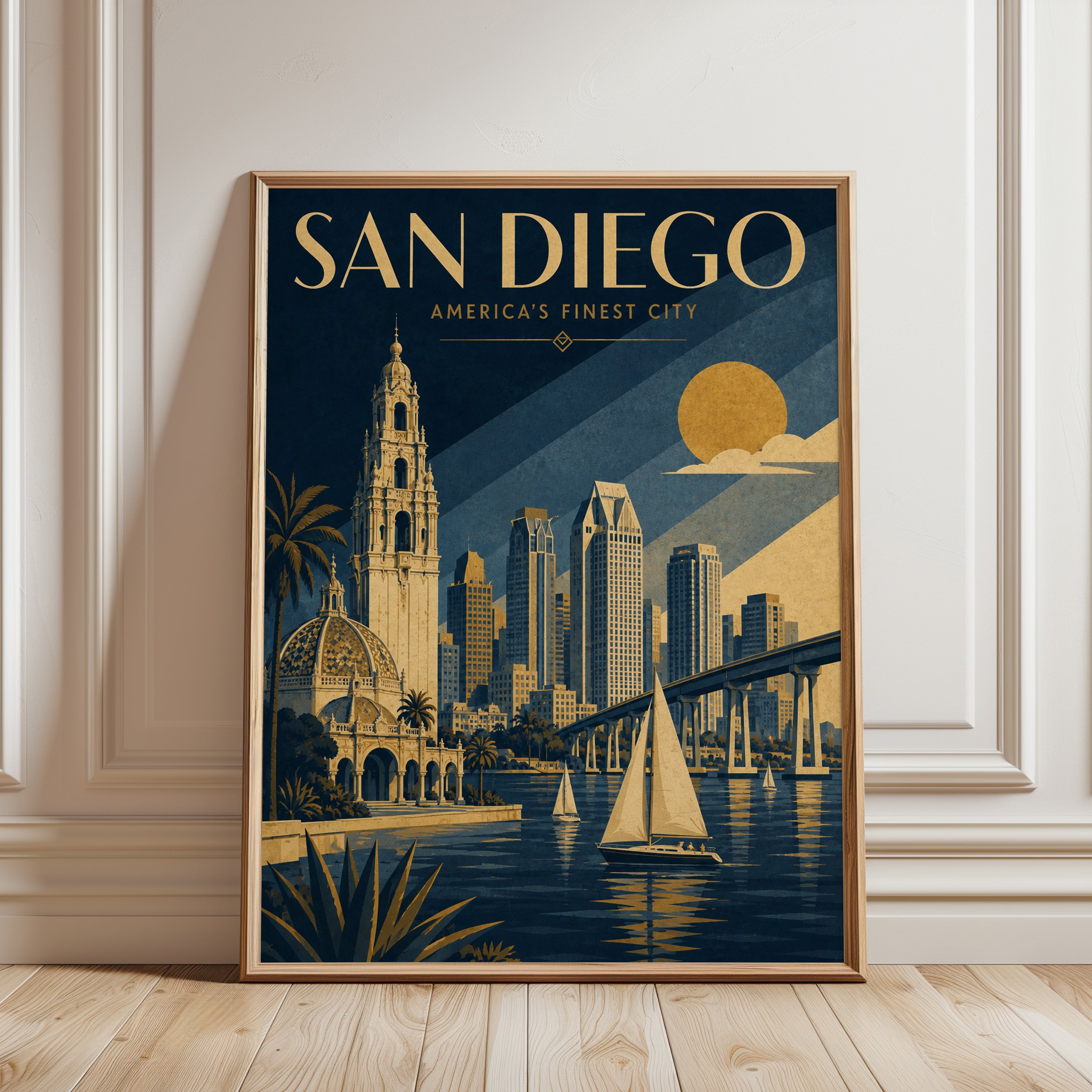 San Diego Vintage Travel Poster: Art Deco Skyline Wall Art - framed detail