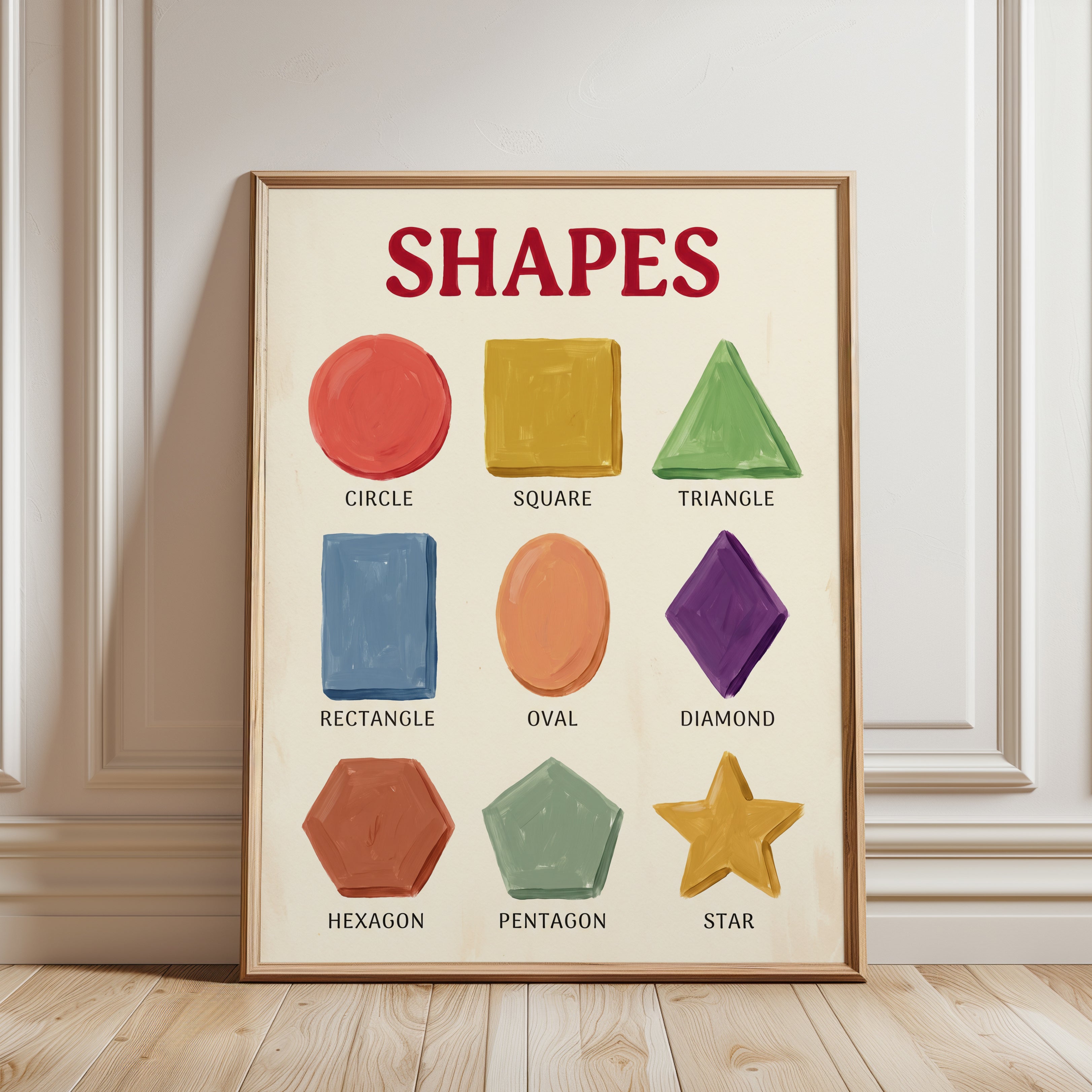Shapes Poster: Montessori Inspired Kids Art - framed detail