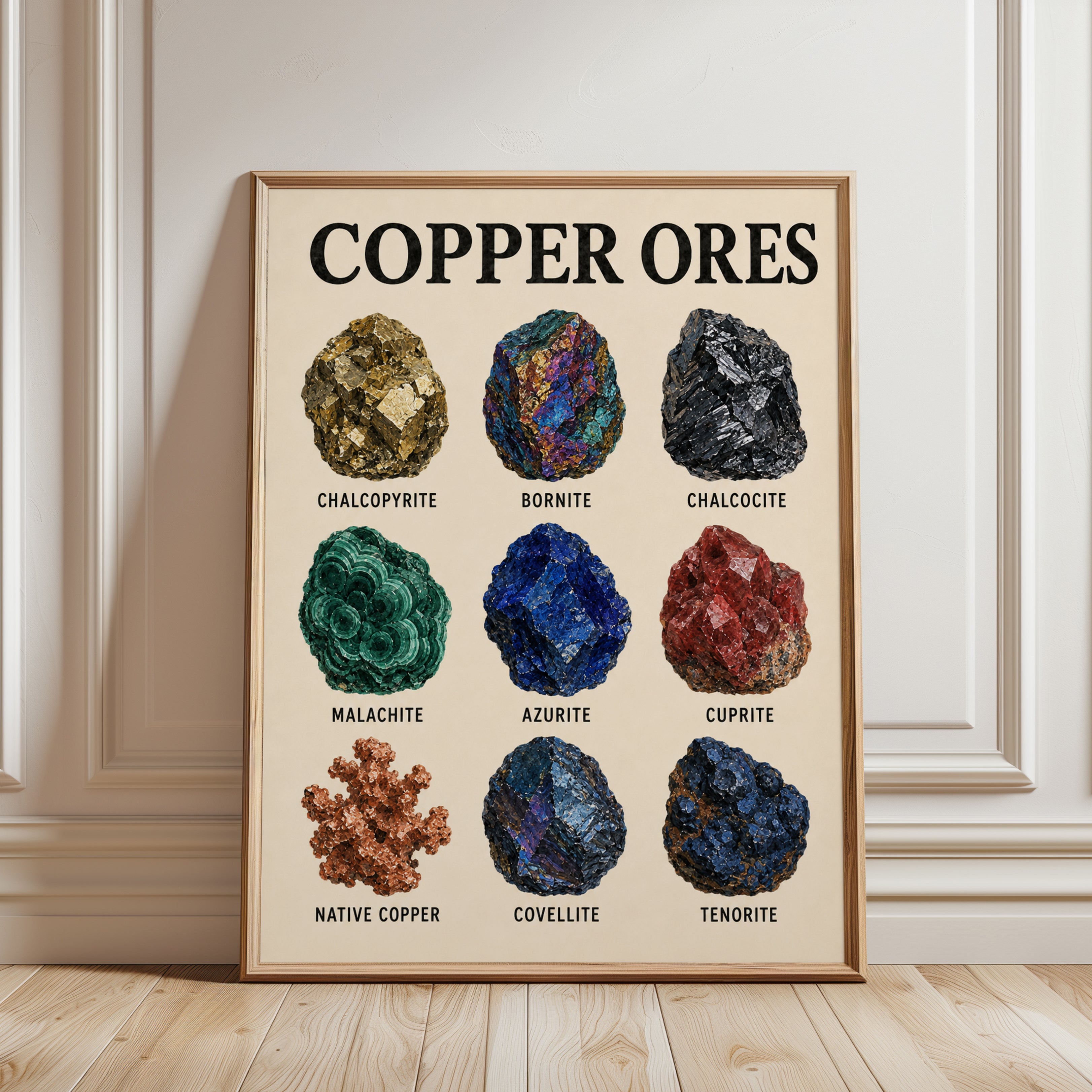 Copper Ores Minerals Chart: Educational Science Poster - framed detail
