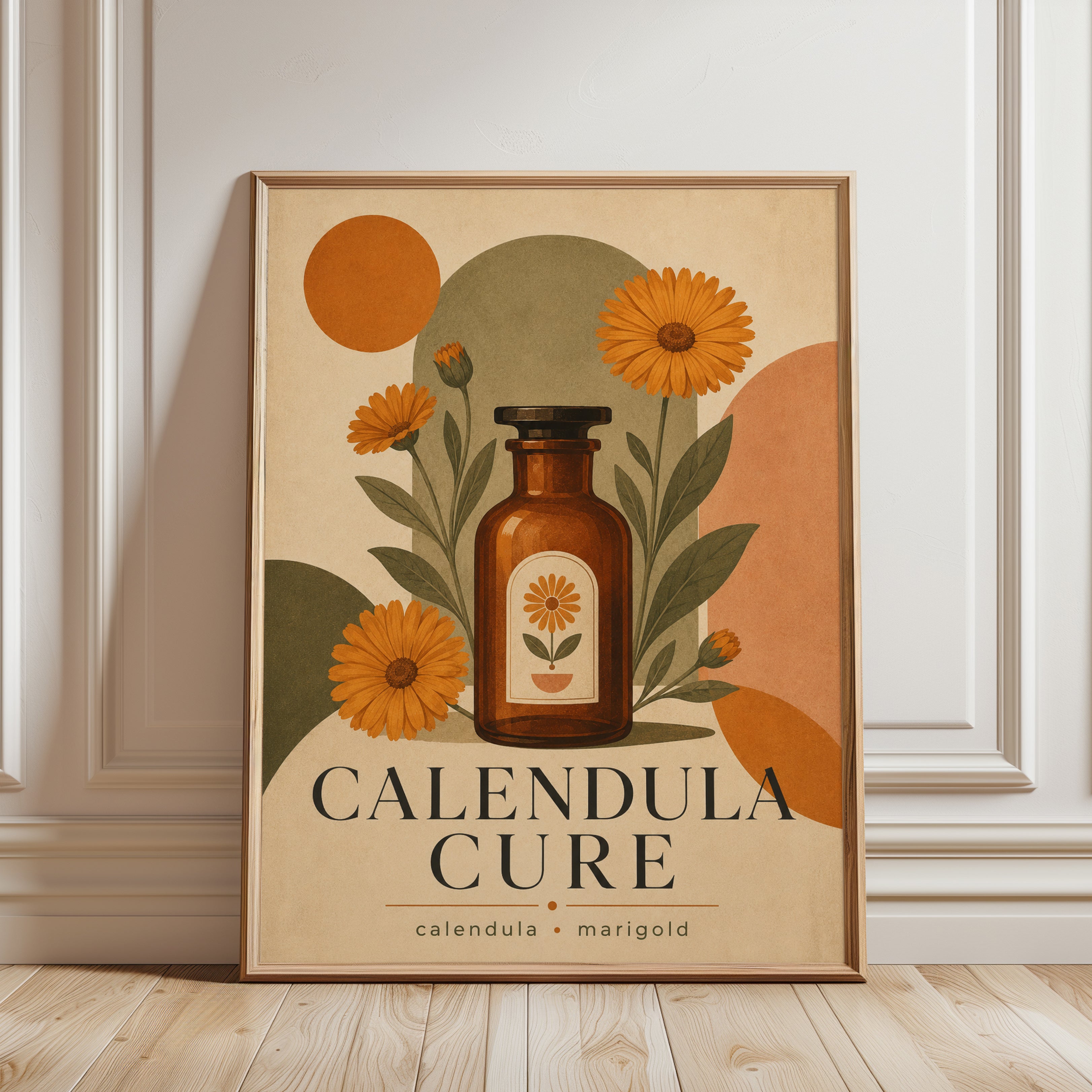 Calendula Apothecary Bottle Art Print: Vintage Botanical Poster - framed detail