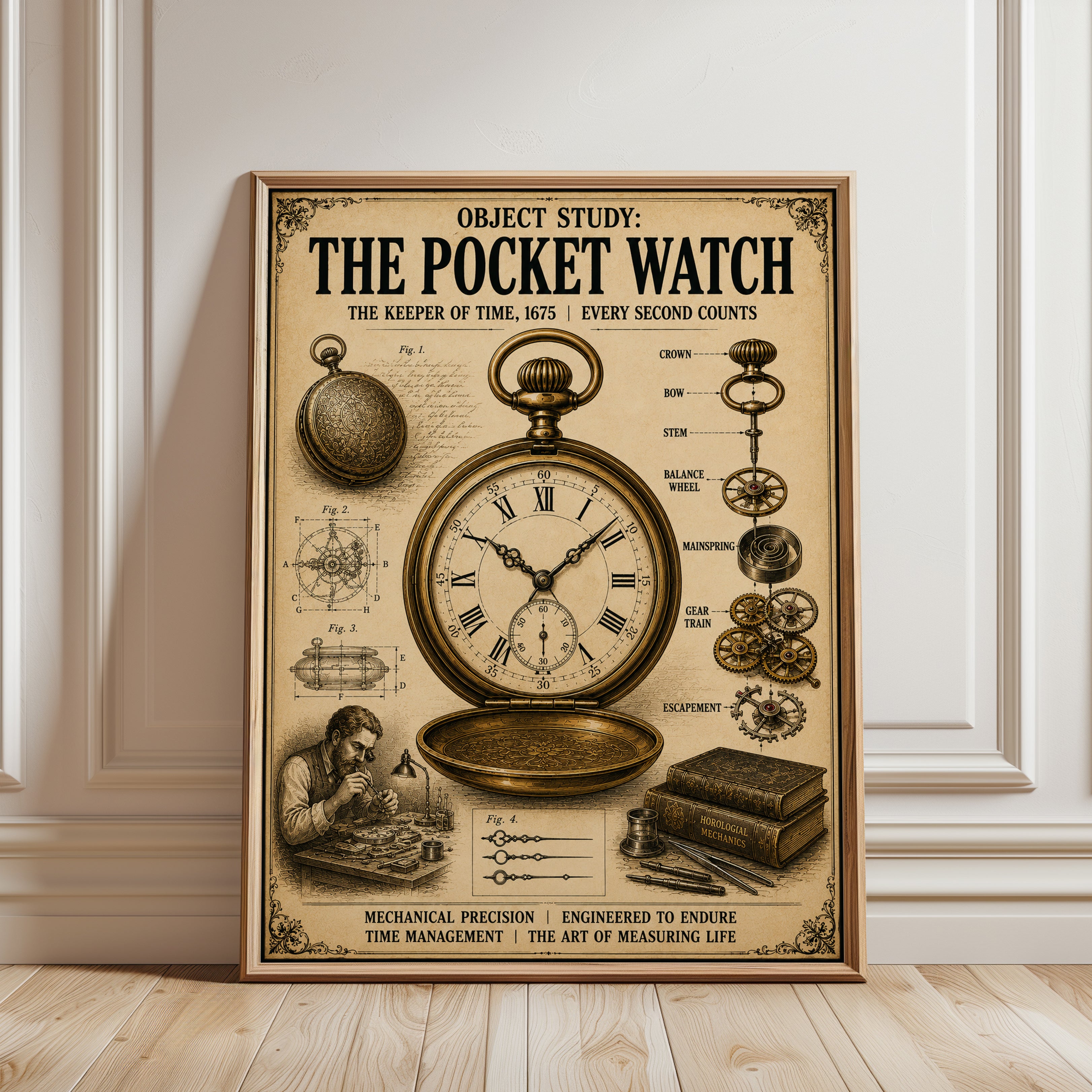 Vintage Pocket Watch Diagram Print: Victorian Technical Illustration - framed detail
