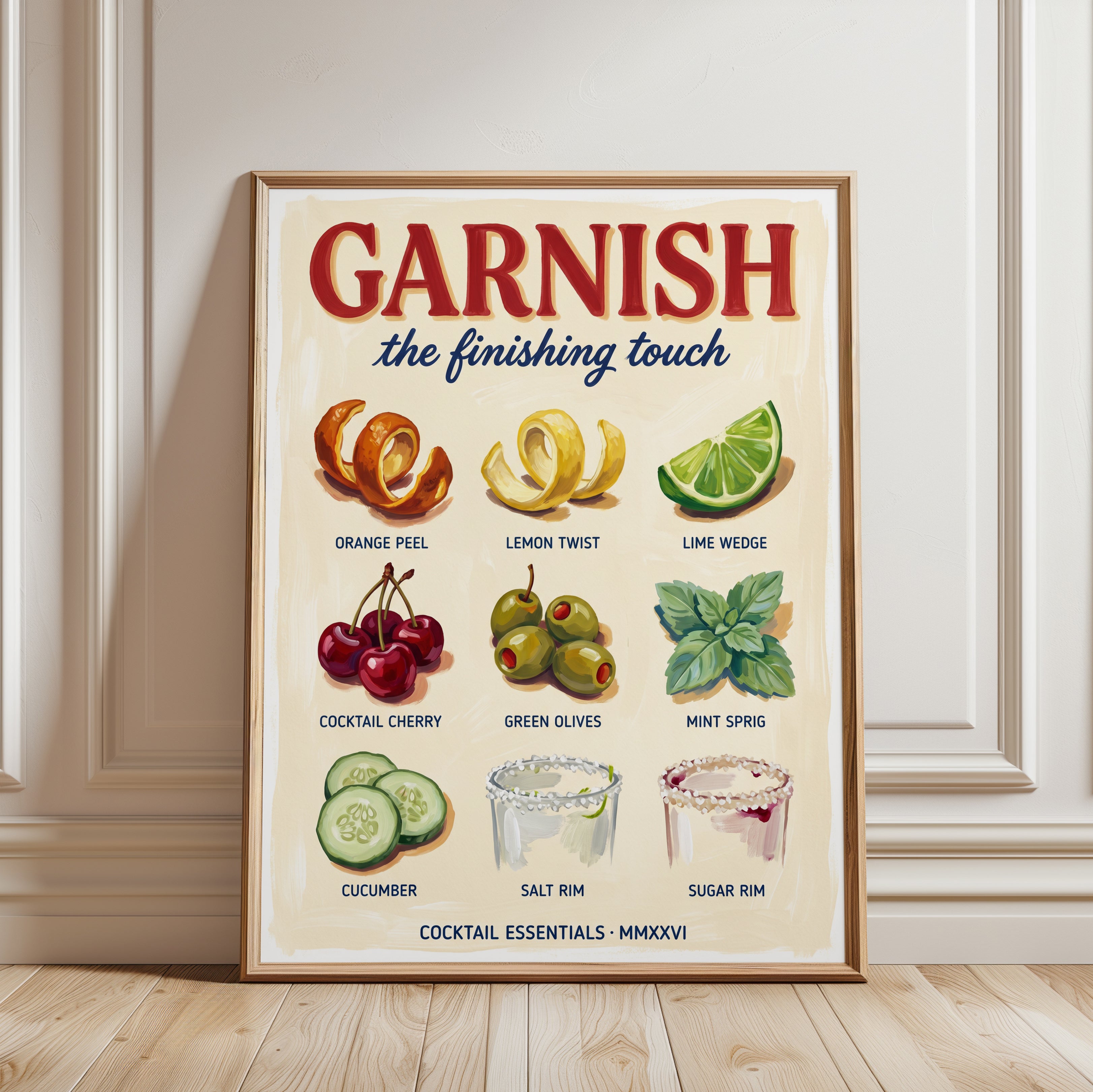 Mixology Art Poster: Vintage Cocktail Garnishes - framed detail
