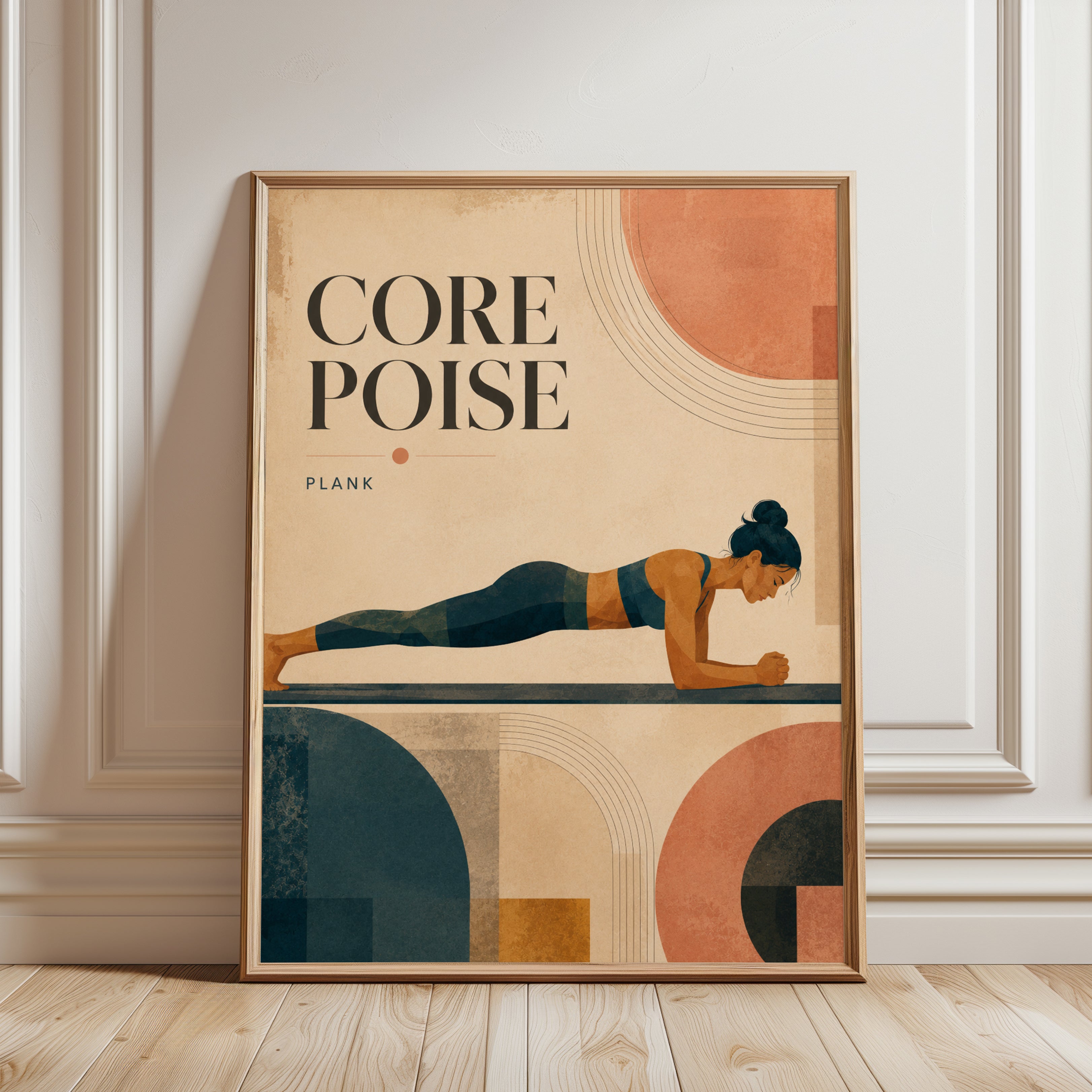 Core Poise Plank Yoga Poster: Art Deco Fitness Wall Art - framed detail