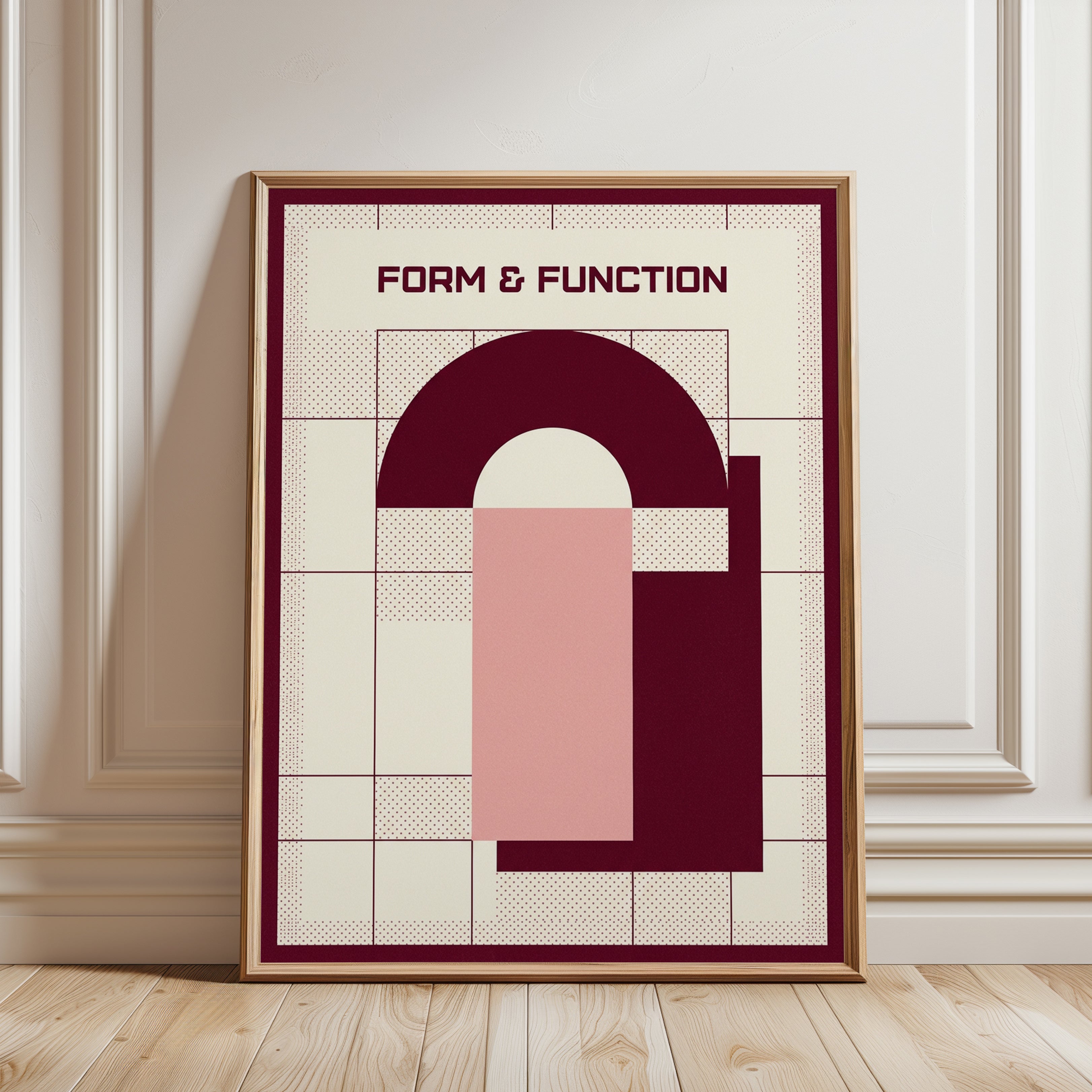 Bauhaus Arch Print: Geometric Shapes in Burgundy and Pink - framed detail