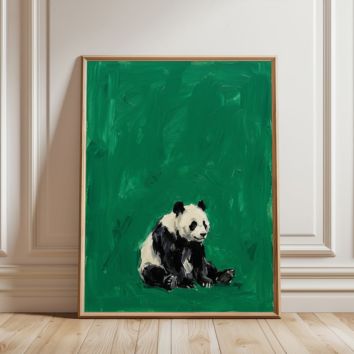 Panda on Green Wall Art: Textured Contemporary Wildlife Print - framed detail