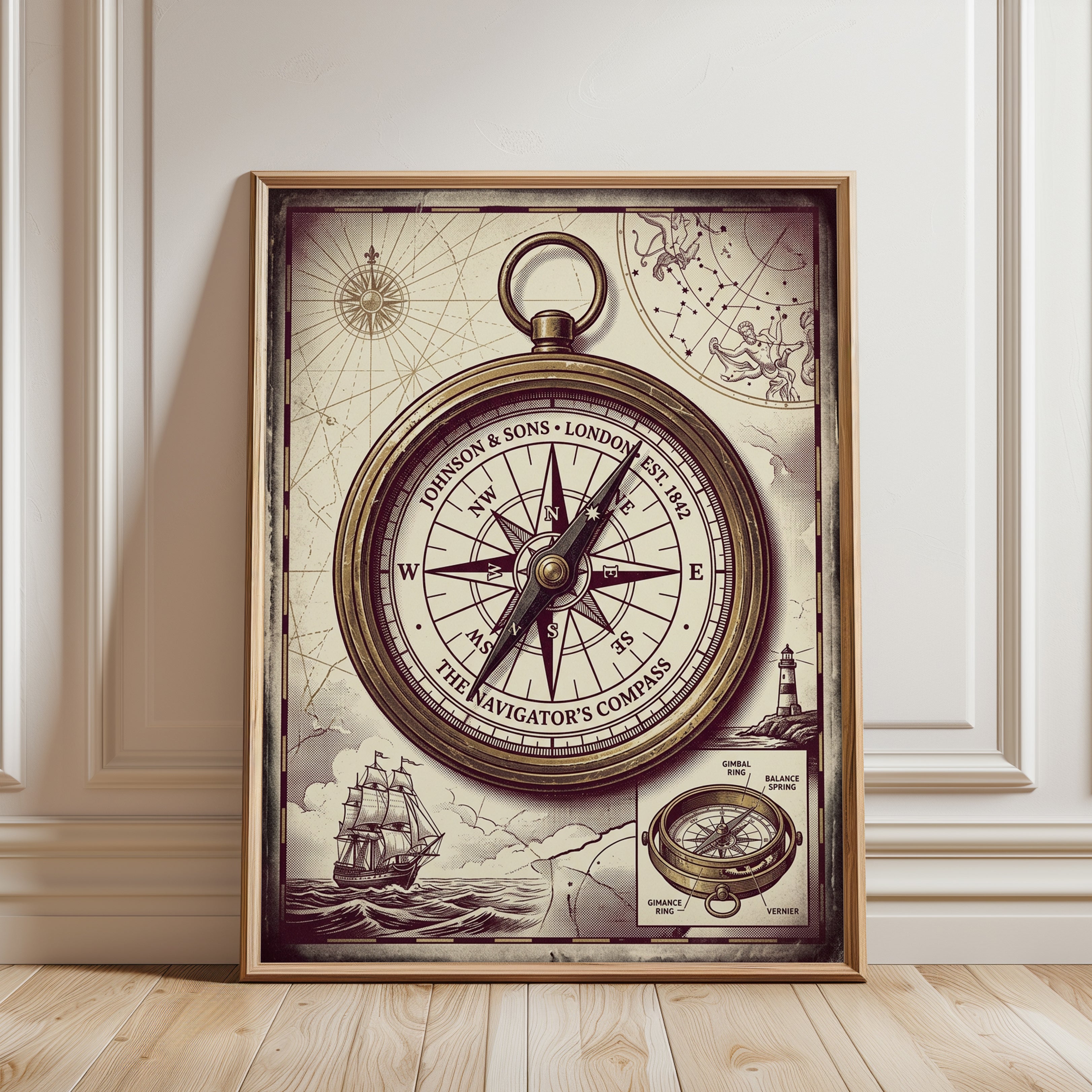 Vintage Nautical Compass Art Print: Victorian Navigation Design - framed detail