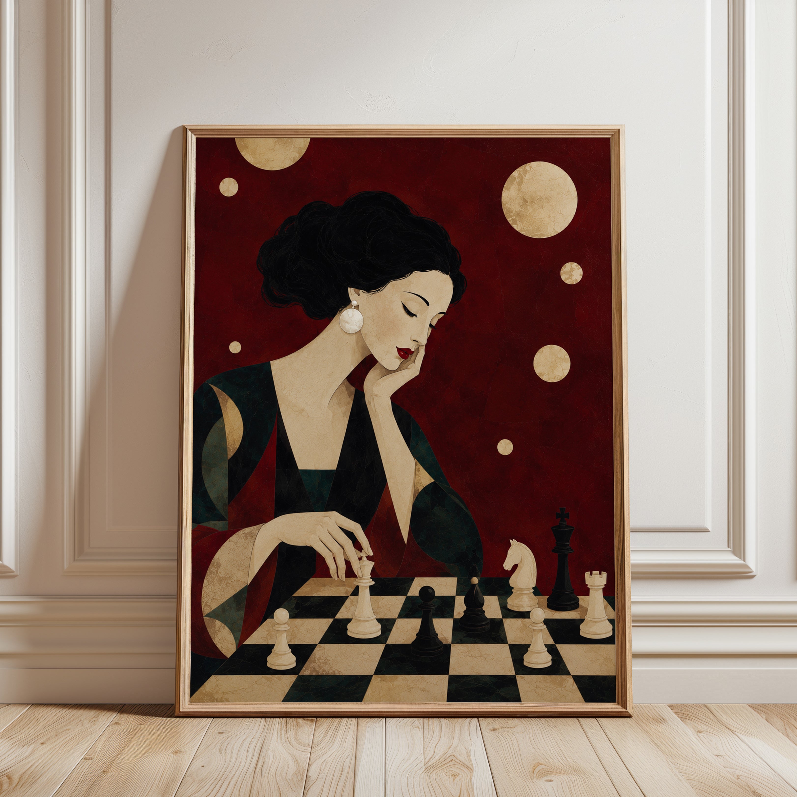 Woman Playing Chess Art – Vintage Portrait Print - framed detail