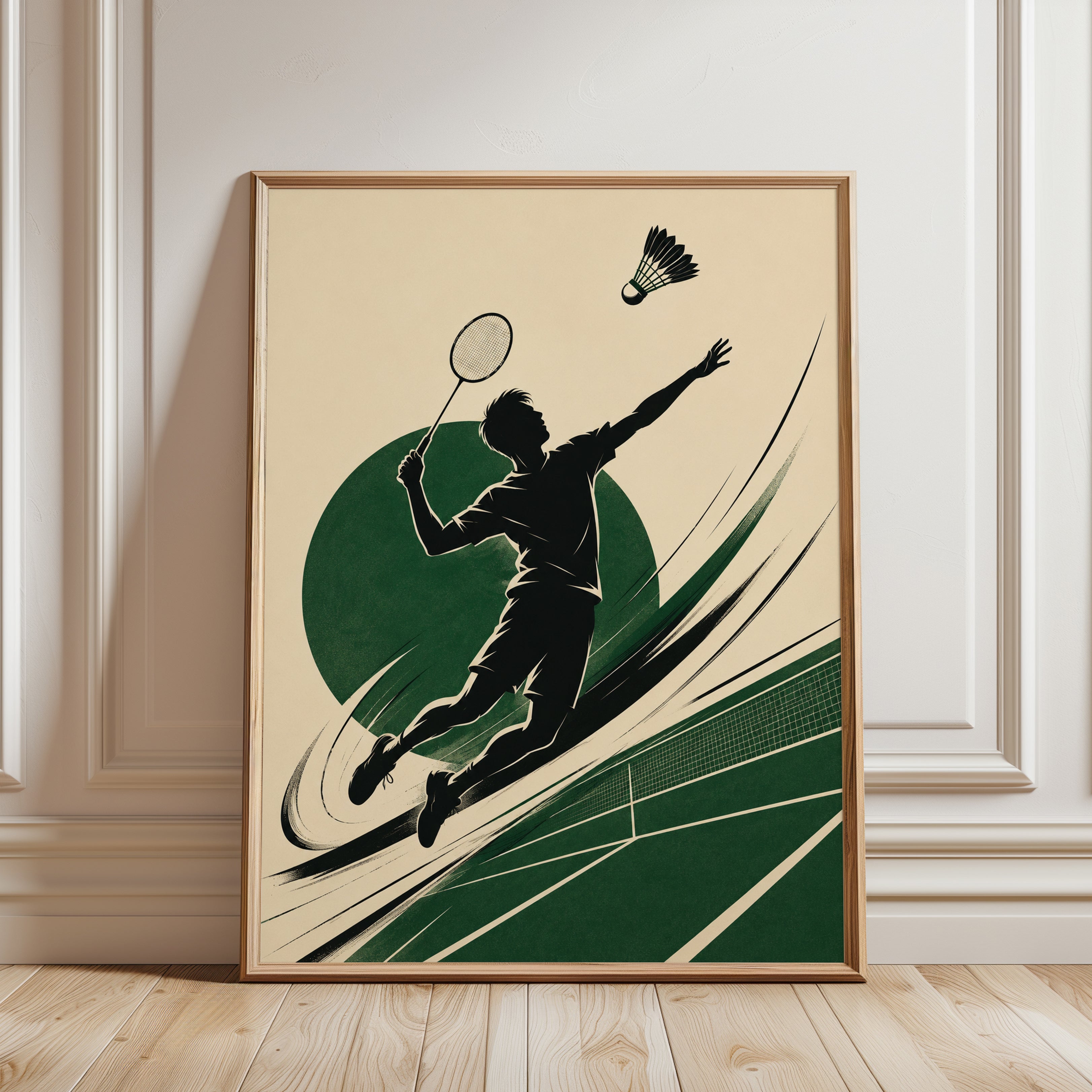 Retro Badminton Player Smash Print - framed detail