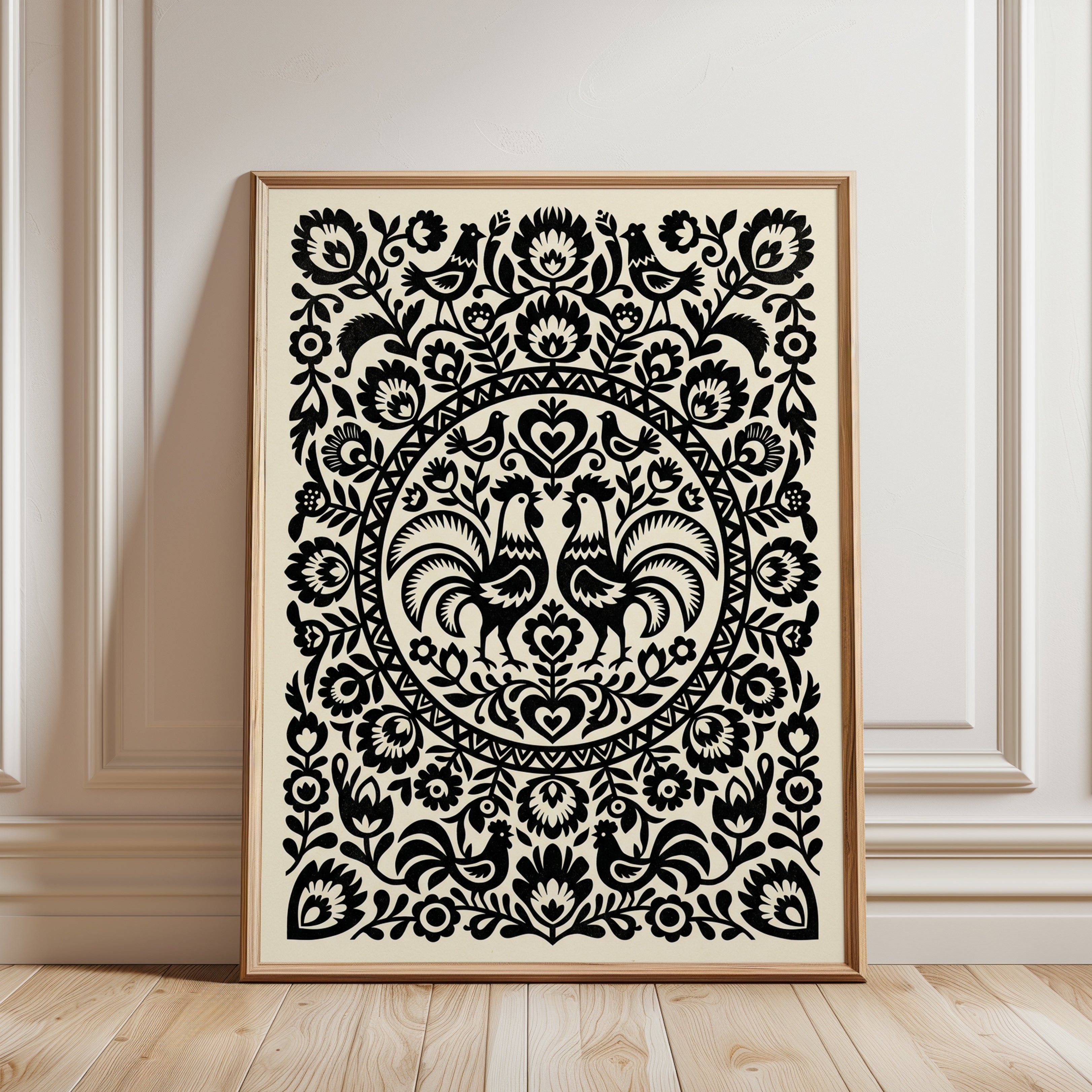 Polish Folk Art Print: Black Roosters and Floral Symmetry - framed detail