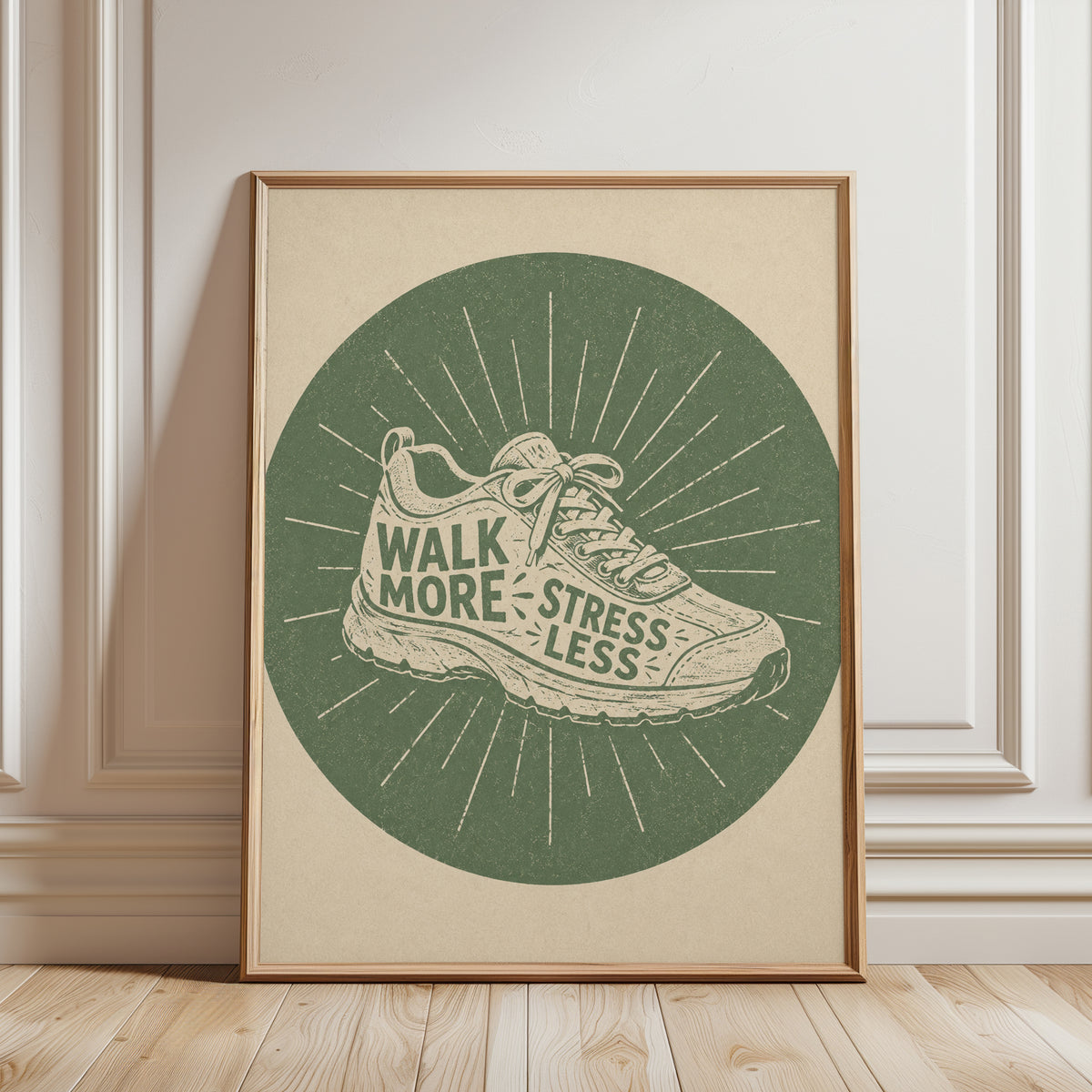 Walk More Stress Less Print: Retro Fitness Art (Sage Green Accent) - framed detail