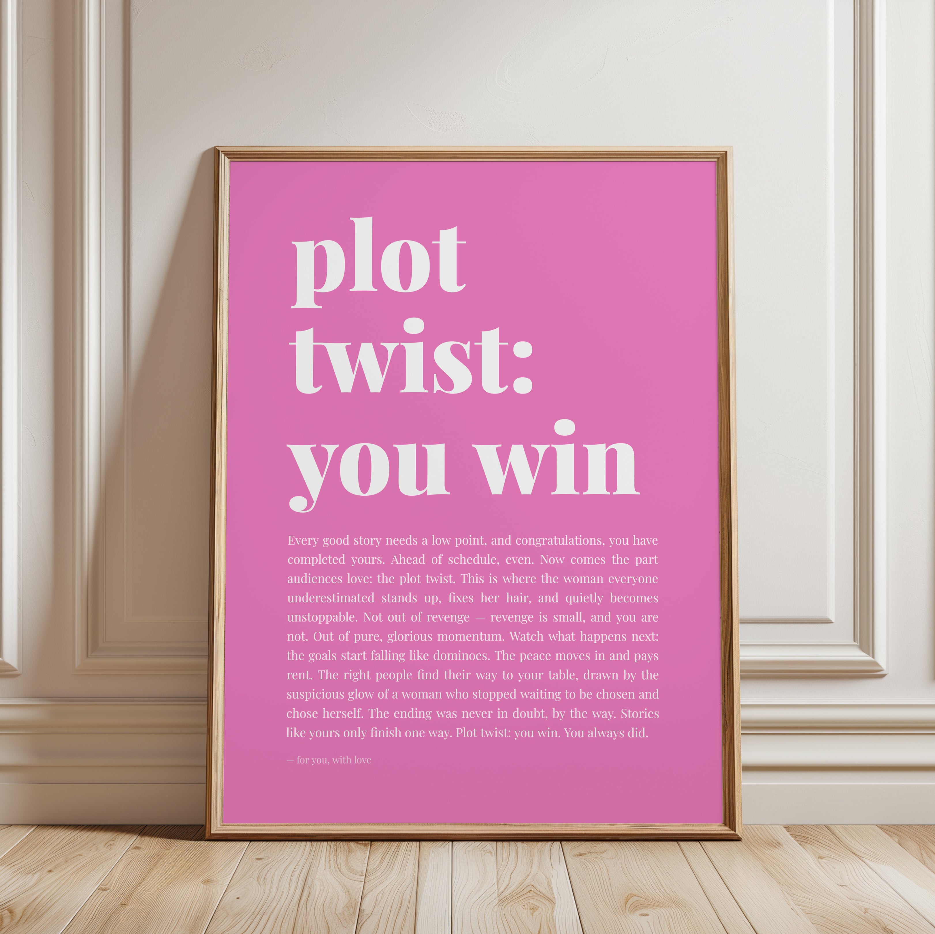 Plot Twist You Win: Pink Motivational Typography Wall Art - framed detail