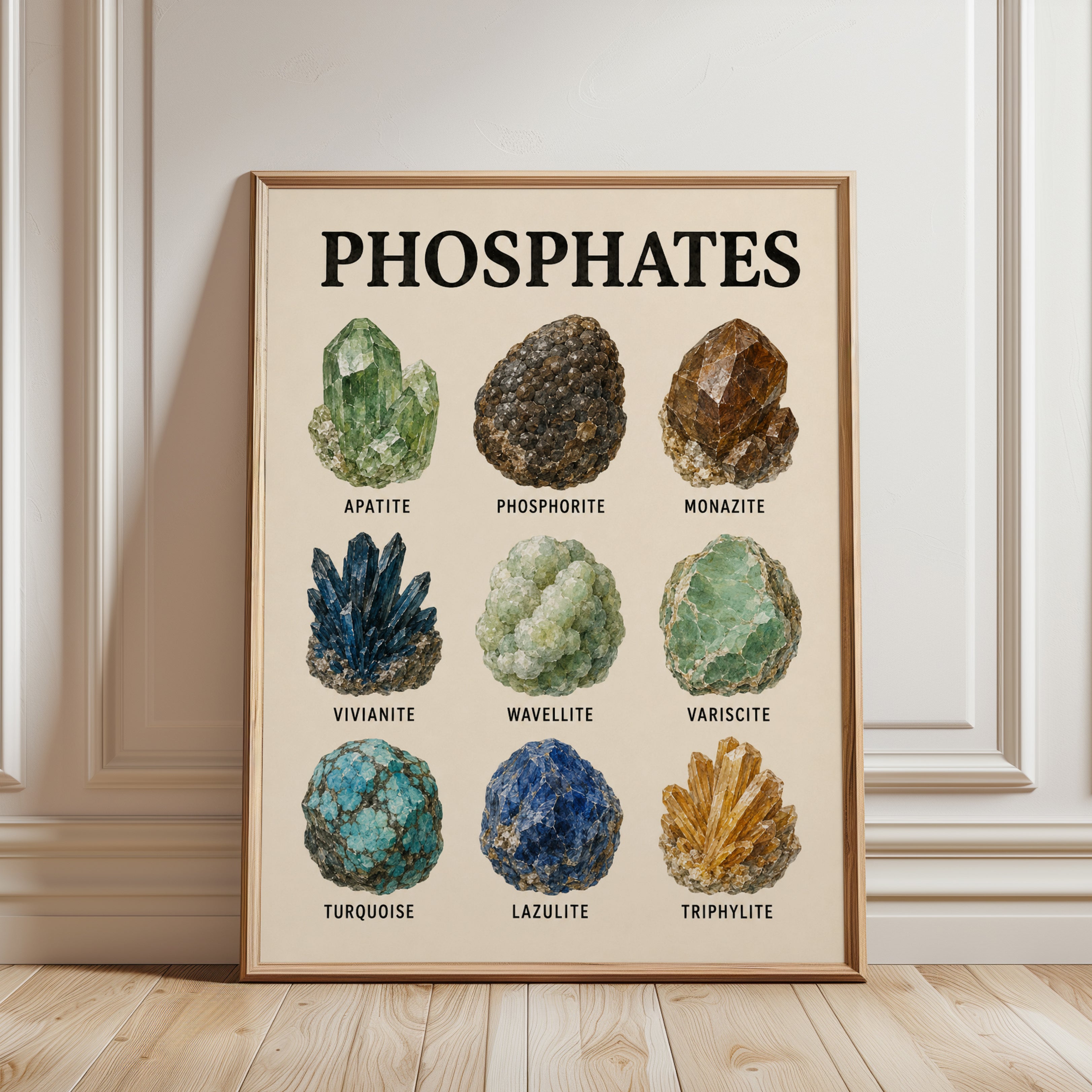 Phosphate Minerals Art Print: Vintage Scientific Illustration - framed detail