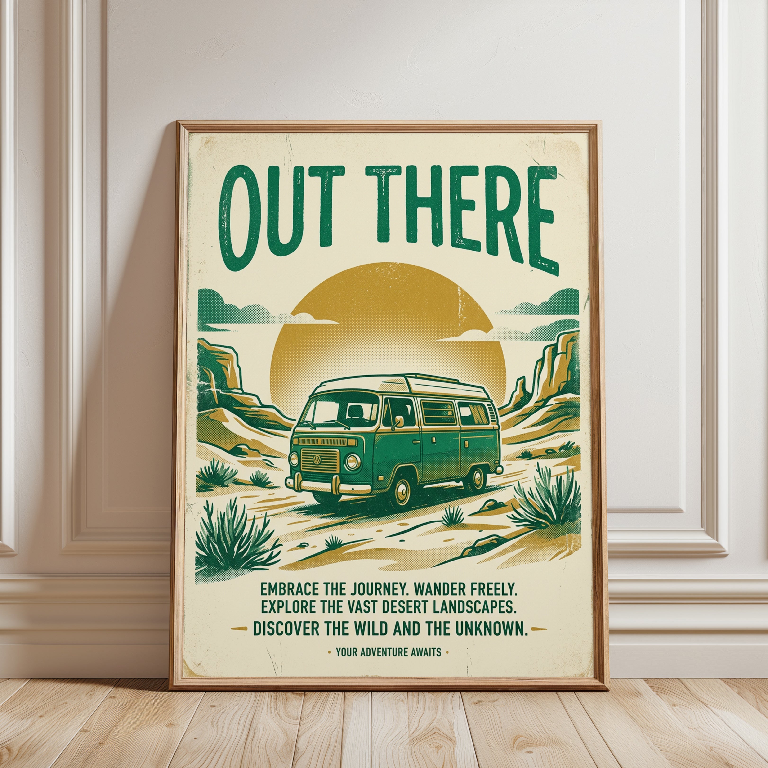 Retro Van Desert Adventure Print — Vintage Travel Poster - framed detail