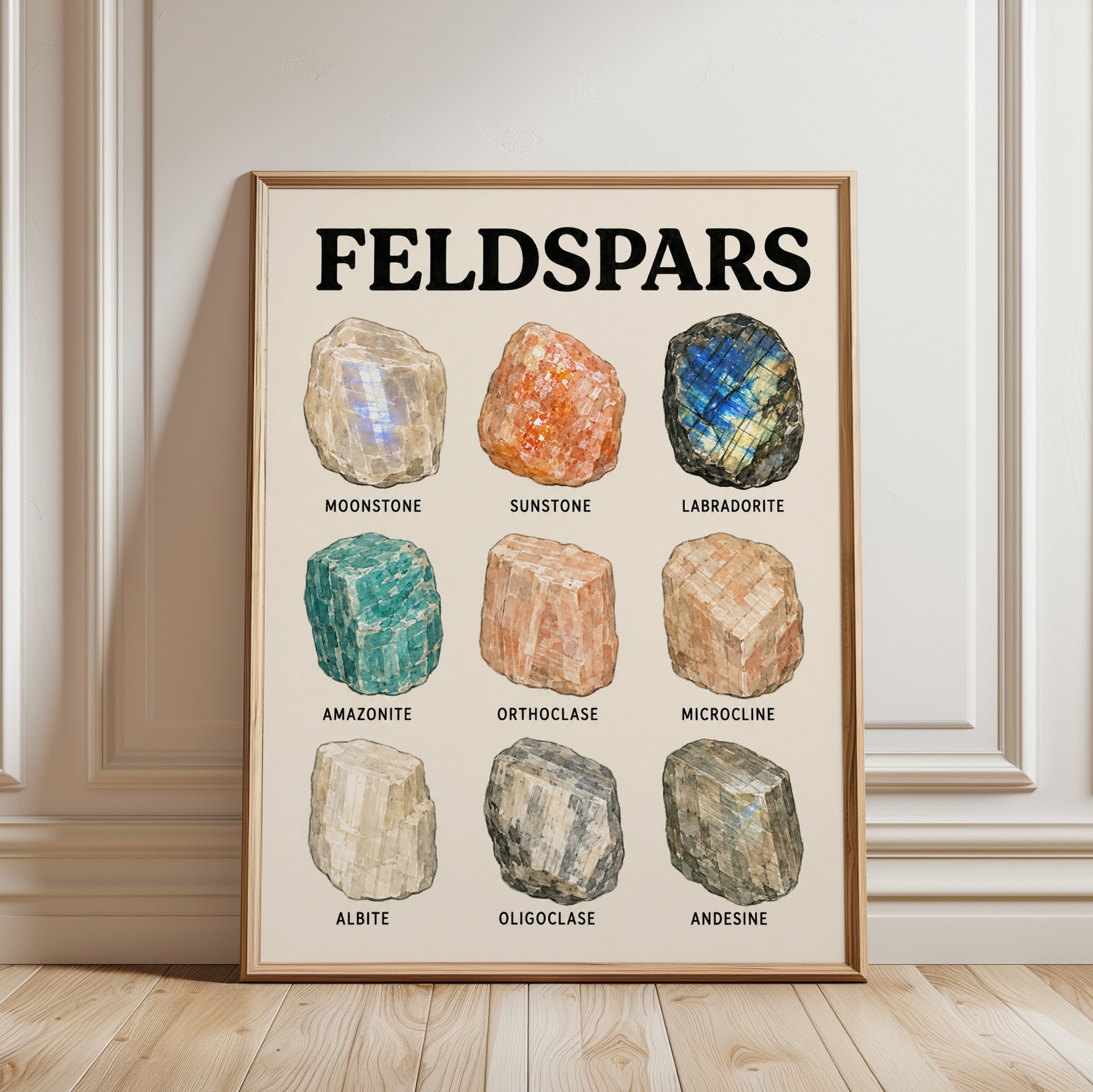 Feldspars Mineral Collection Poster: Geological Watercolor Art - framed detail