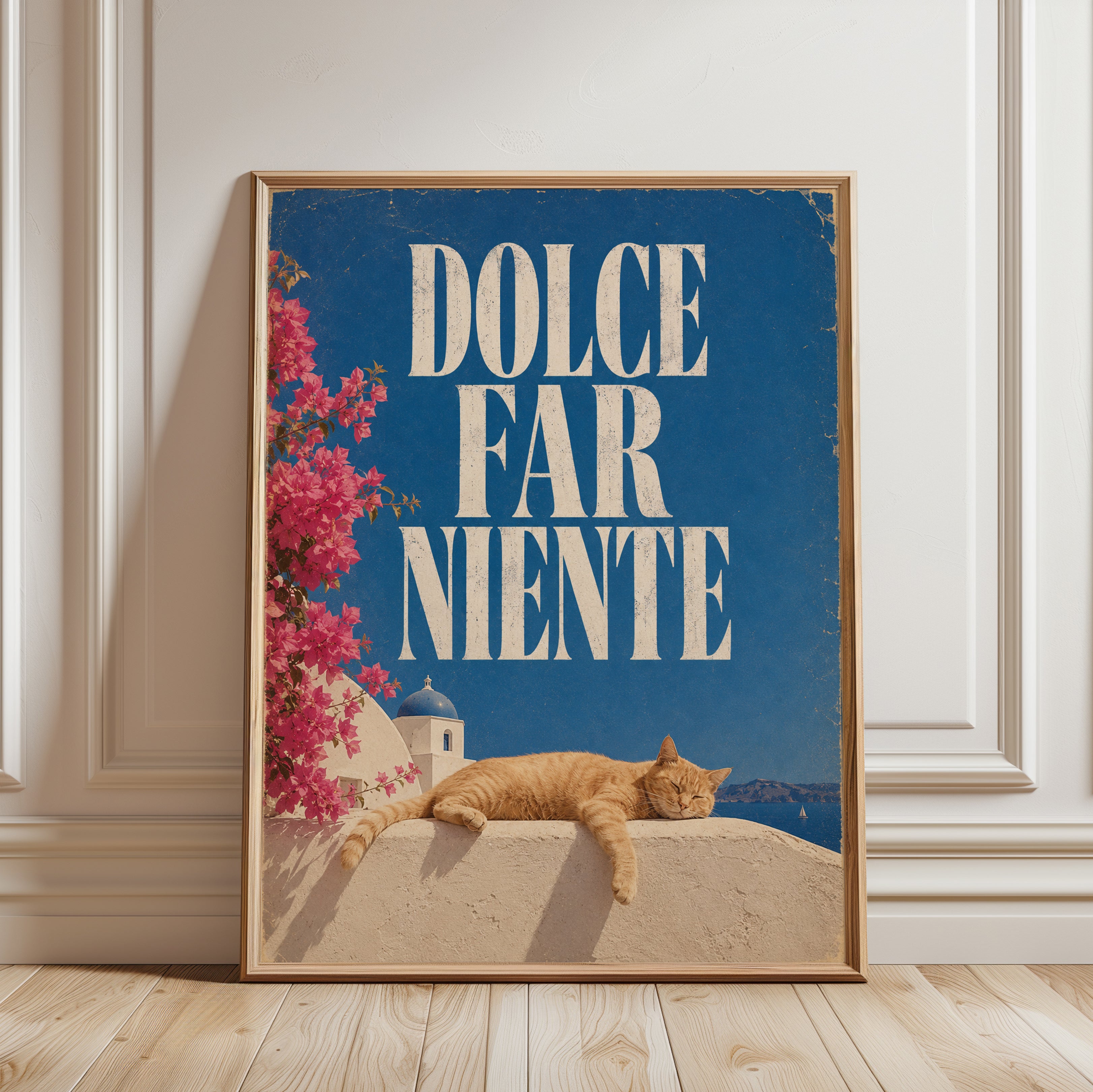 Dolce Far Niente Cat Poster: Mediterranean Travel Wall Art - framed detail