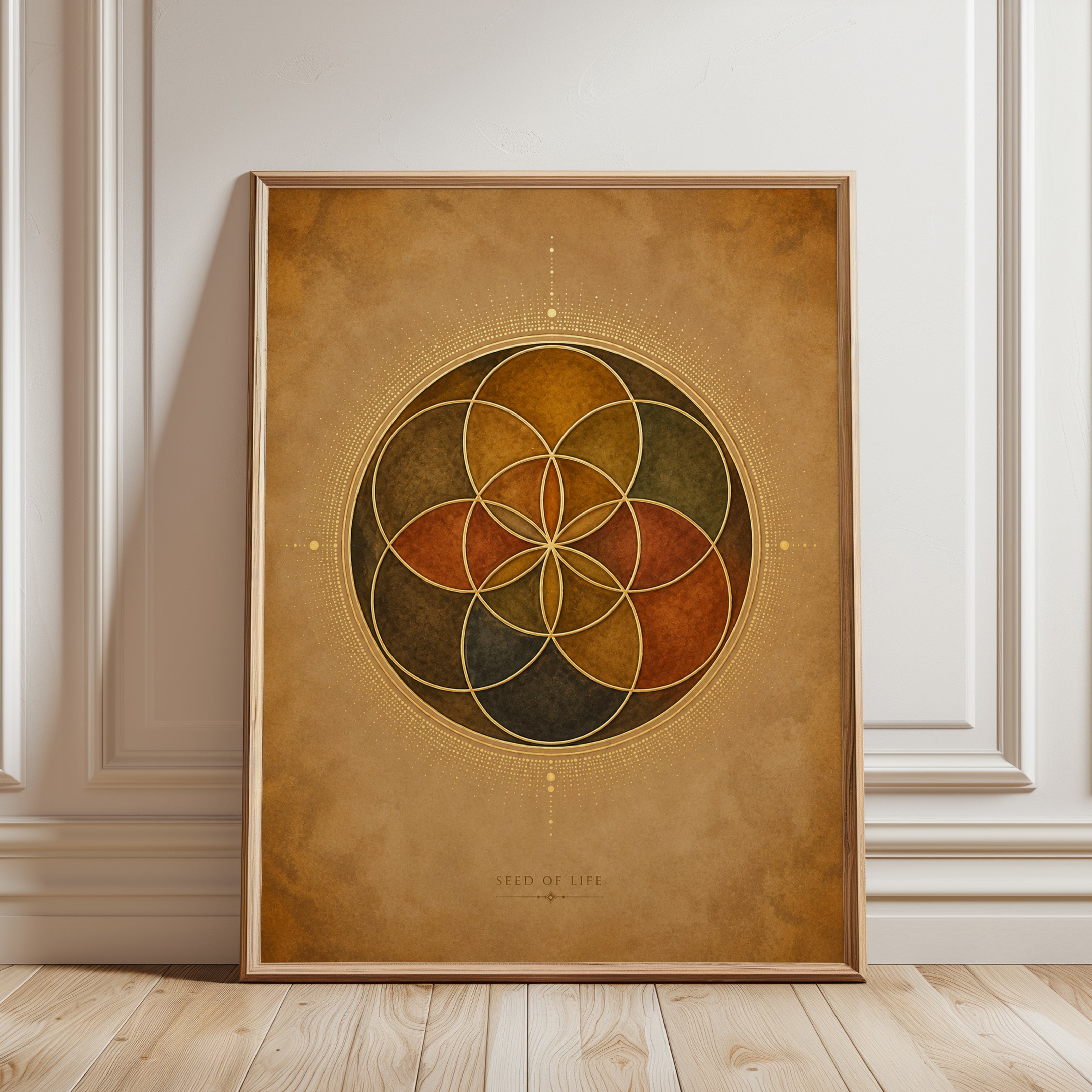 Seed of Life Print: Sacred Geometry Mandala in Earth Tones - framed detail