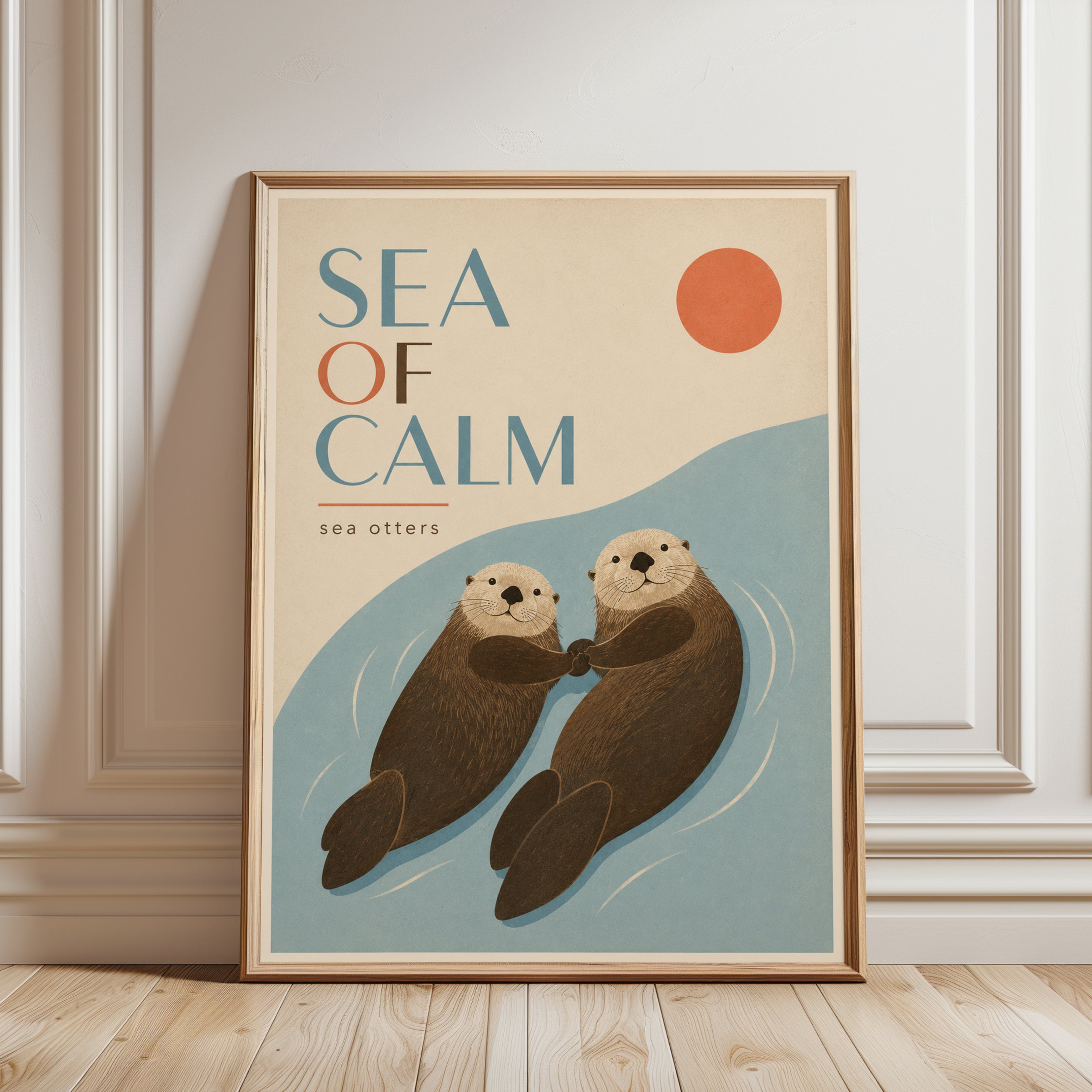 Sea Otters Holding Hands Print: Minimalist Ocean Wildlife Art - framed detail
