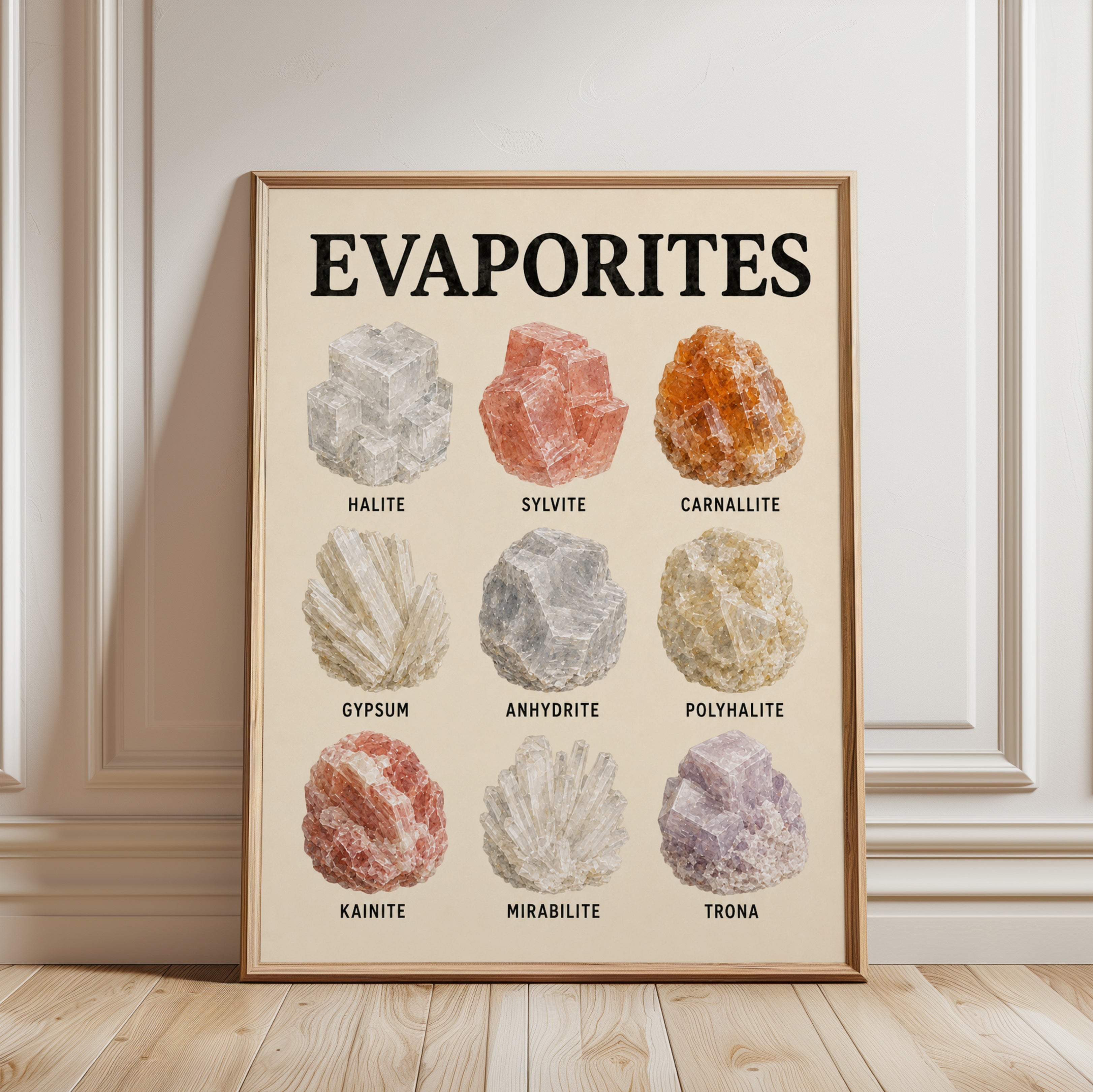 Evaporite Minerals Chart Print: Geological Science Wall Art - framed detail