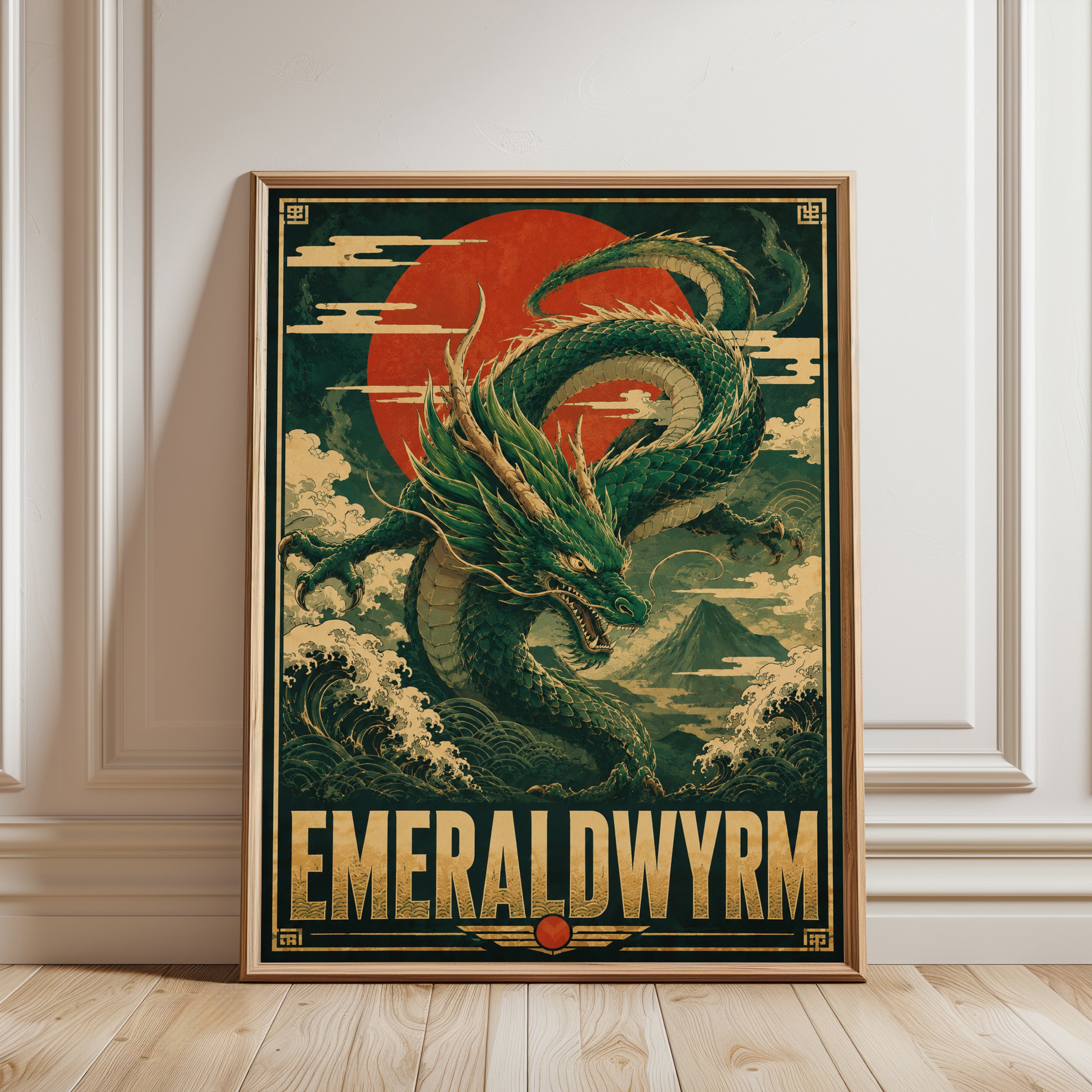 Japanese Dragon Art Print: Vintage Mythology Poster - framed detail