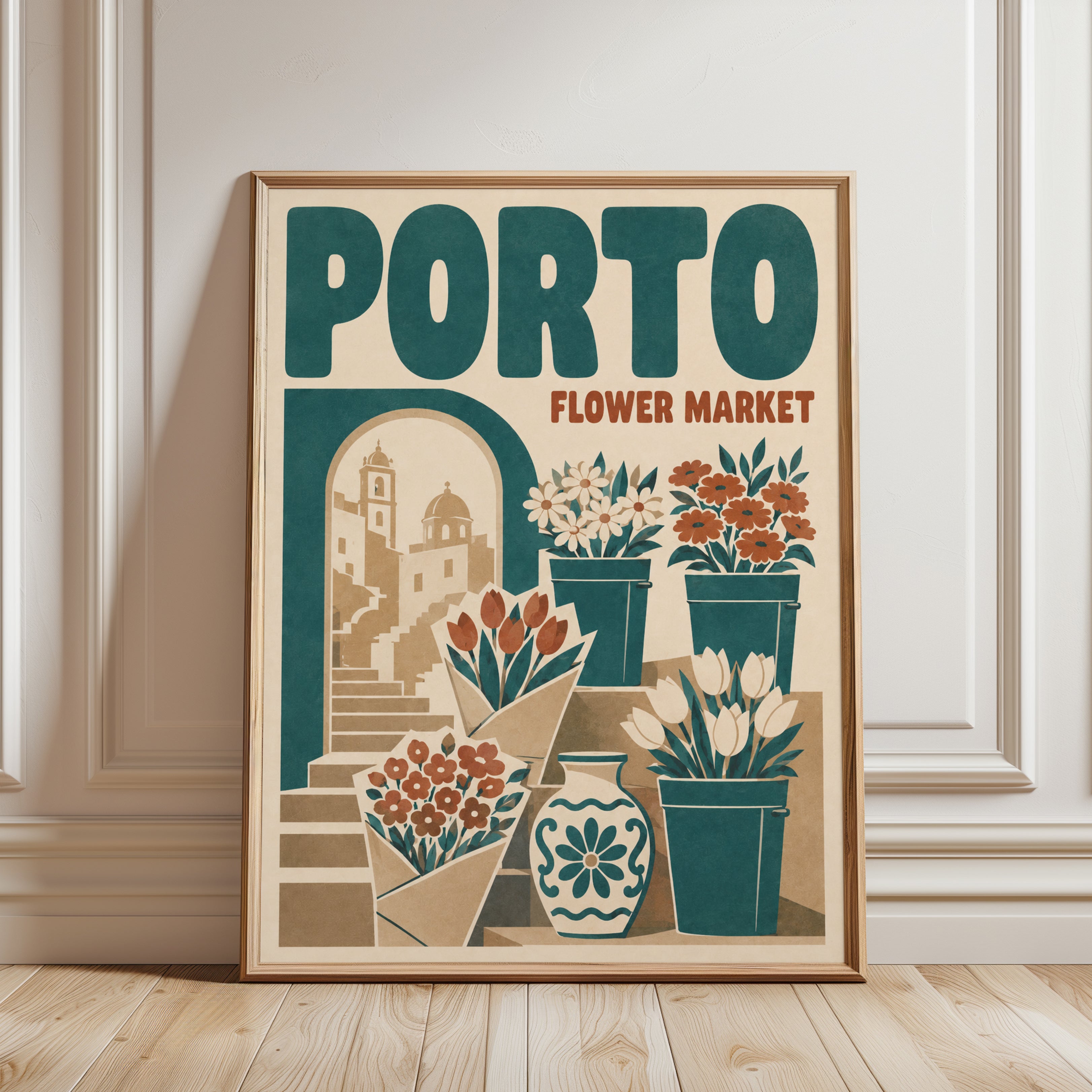 Flower Market Wall Art: Retro Porto Travel Poster - framed detail