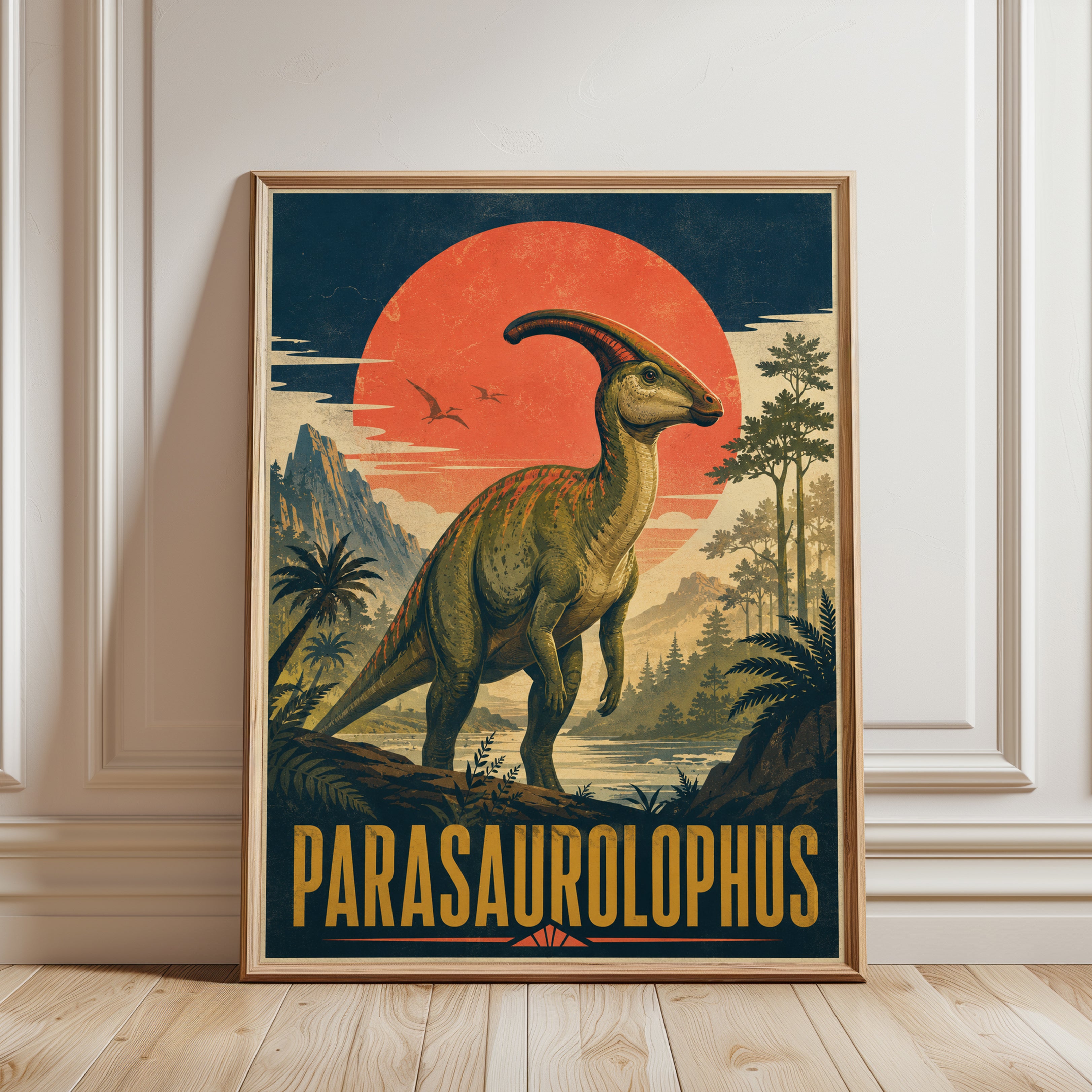 Parasaurolophus Dinosaur Print - framed detail